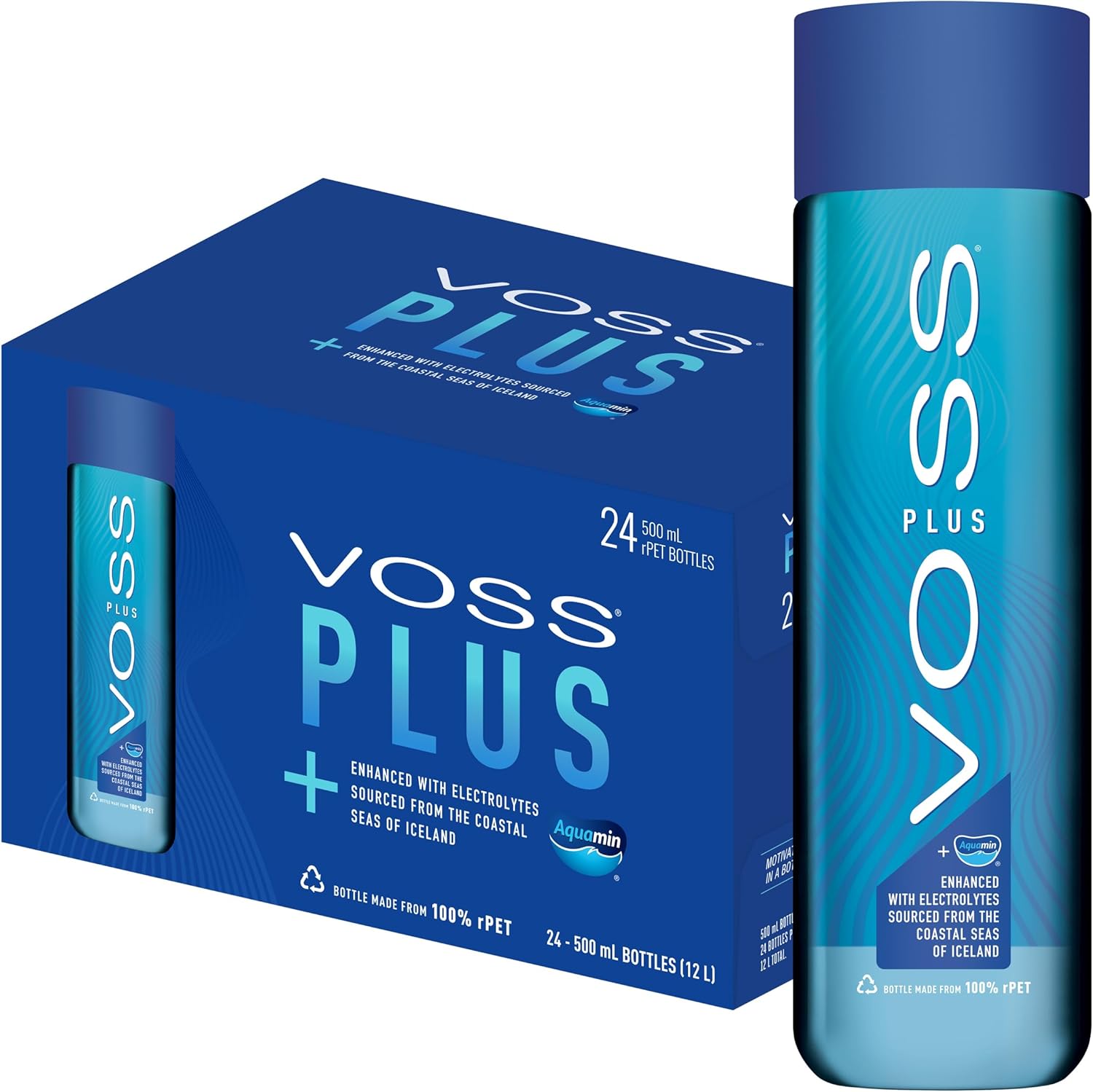 Voss Water, VOSS UK Plus, Artesian Still Water with Aquamin, Minerals and Electrolytes, Bulk pack of 24 x 500 ml