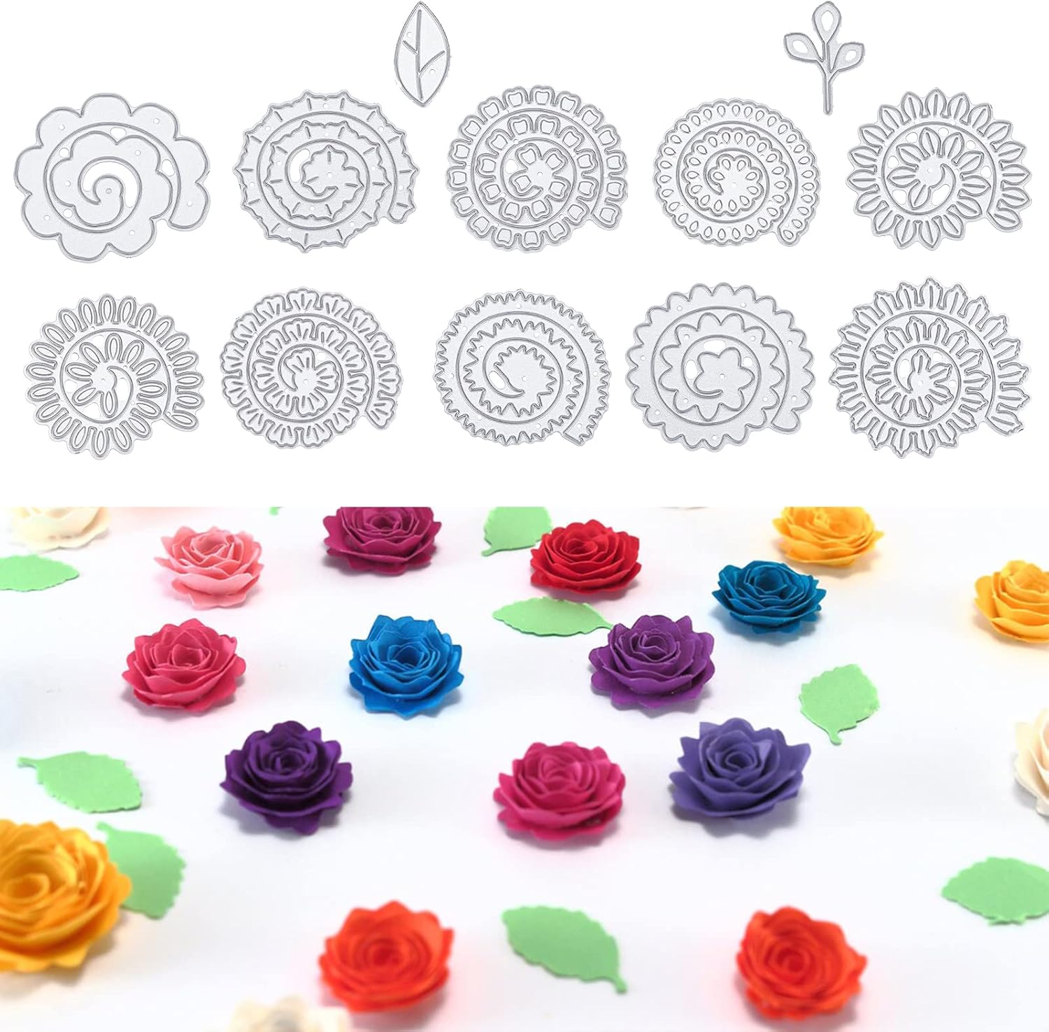ORIGACH 10 Pcs 3D Spiral Flower Cutting Dies Mini Paper Flowers Dies with Leaves Embossing Template for Scrapbooking Birthday Card Making Crafts