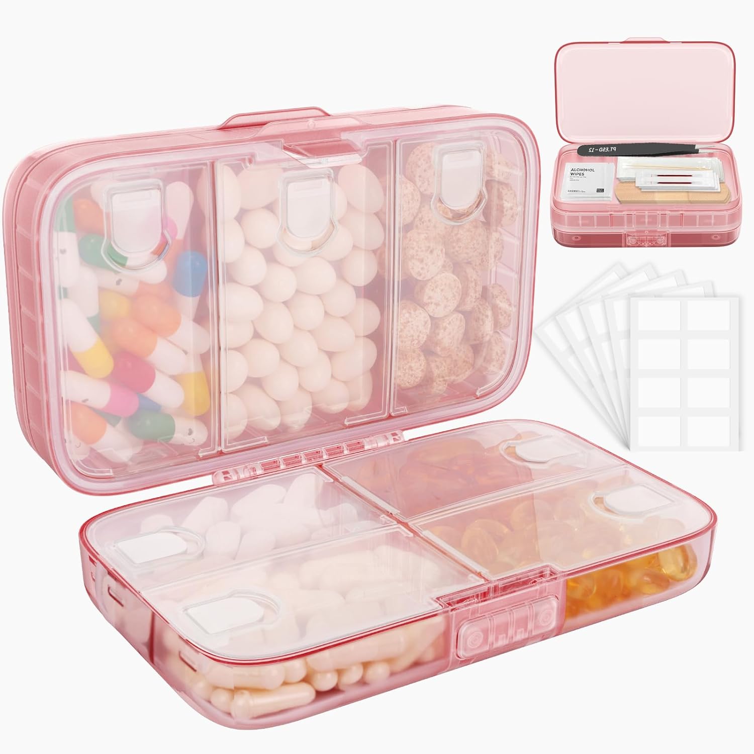 FYY Weekly Pill Organizer with Labels,8 Compartments Travel Daily Pill Case Airtight Moistureproof Large Pill Box to Hold Vitamins, Fish Oil, Supplements,Cotton Swab and Bandages-Pink