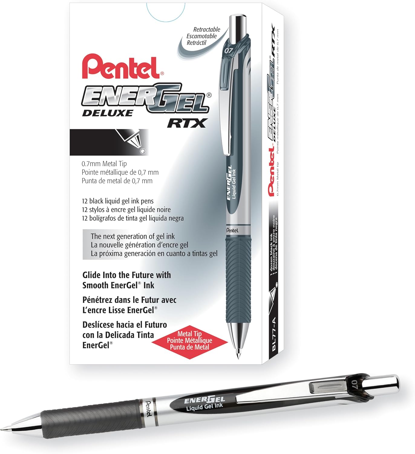 Pentel EnerGel Retractable Liquid Gel Pens, Medium Point, 0.7 mm, Silver Barrel, 12 Black Ink pens, the Ultimate writing pens, the Best Writing Pens for office, school and journaling, Pack of 12