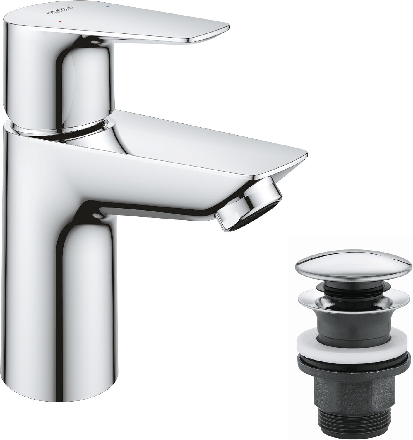 GROHE Start Edge - Basin Mixer Tap with Push-Open Waste Set, (Metal Lever, 28 mm Ceramic Cartridge, Water Saving Mousseur 5.7 l/min, Tails 3/8 Inch), Size 147 mm, QuickTool Included, Chrome, 24199001