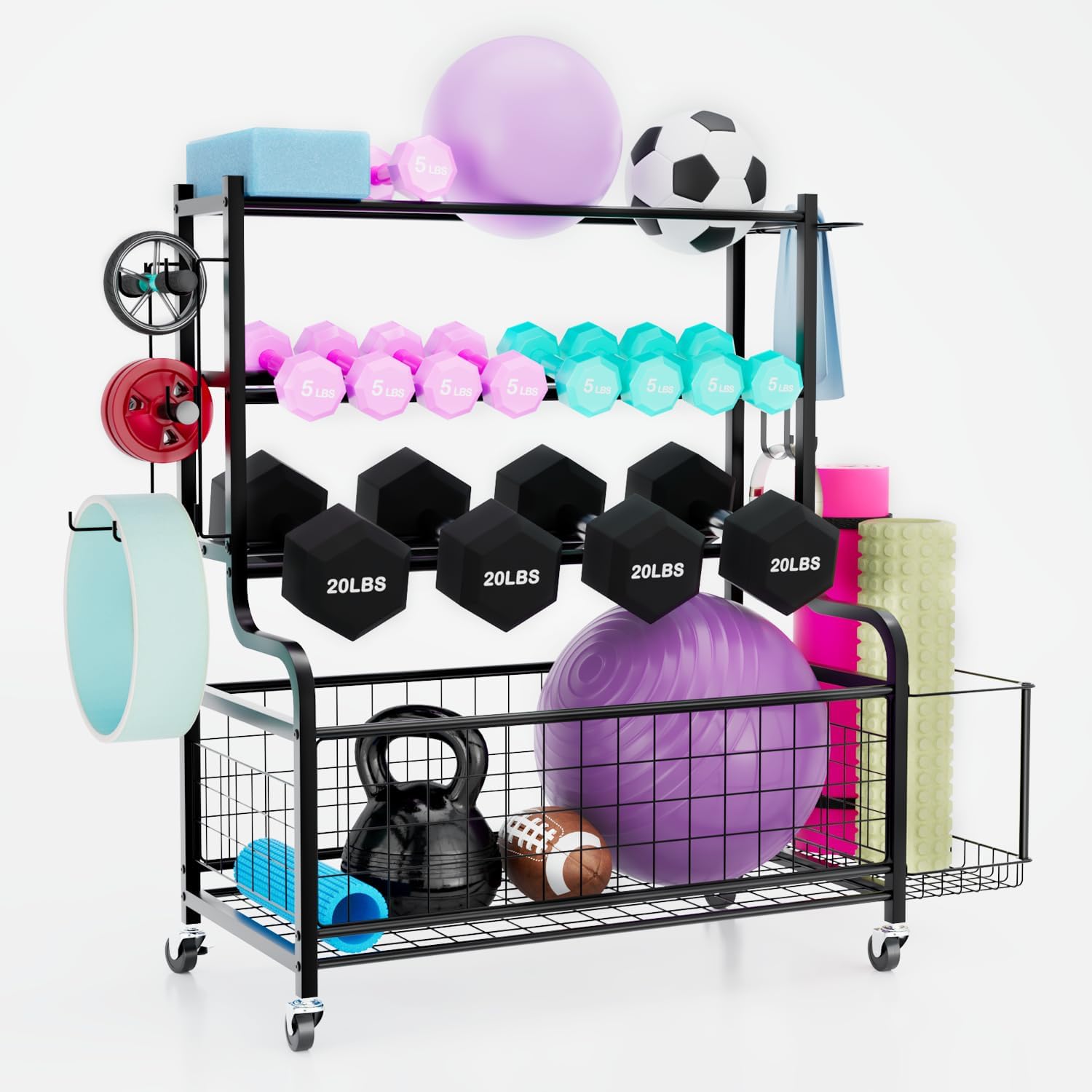 Dumbbell Storage, Yoga Mat Weight Rack, with Wheels and Hooks, Gym Storage for Yoga Equipments, for Dumbbell, Yoga Block, Foam Roller, Workout Equipment Storage Organizer, for Home, Gym