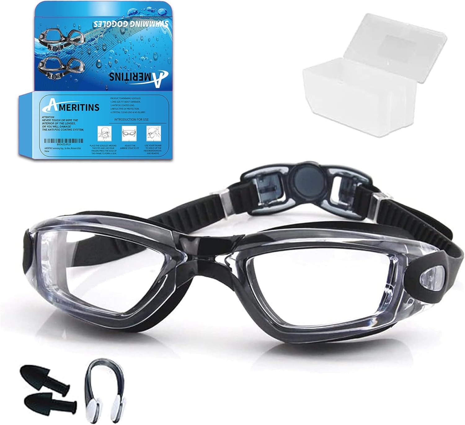AMERITINS Swimming Goggles Pack of 1, Anti-Fog Googles Swimming Adults, Anti-Leak UV Protection Crystal Clear Vision with Free Protection Case, Nose Clips & Earplus Suitable for Adults & Kids