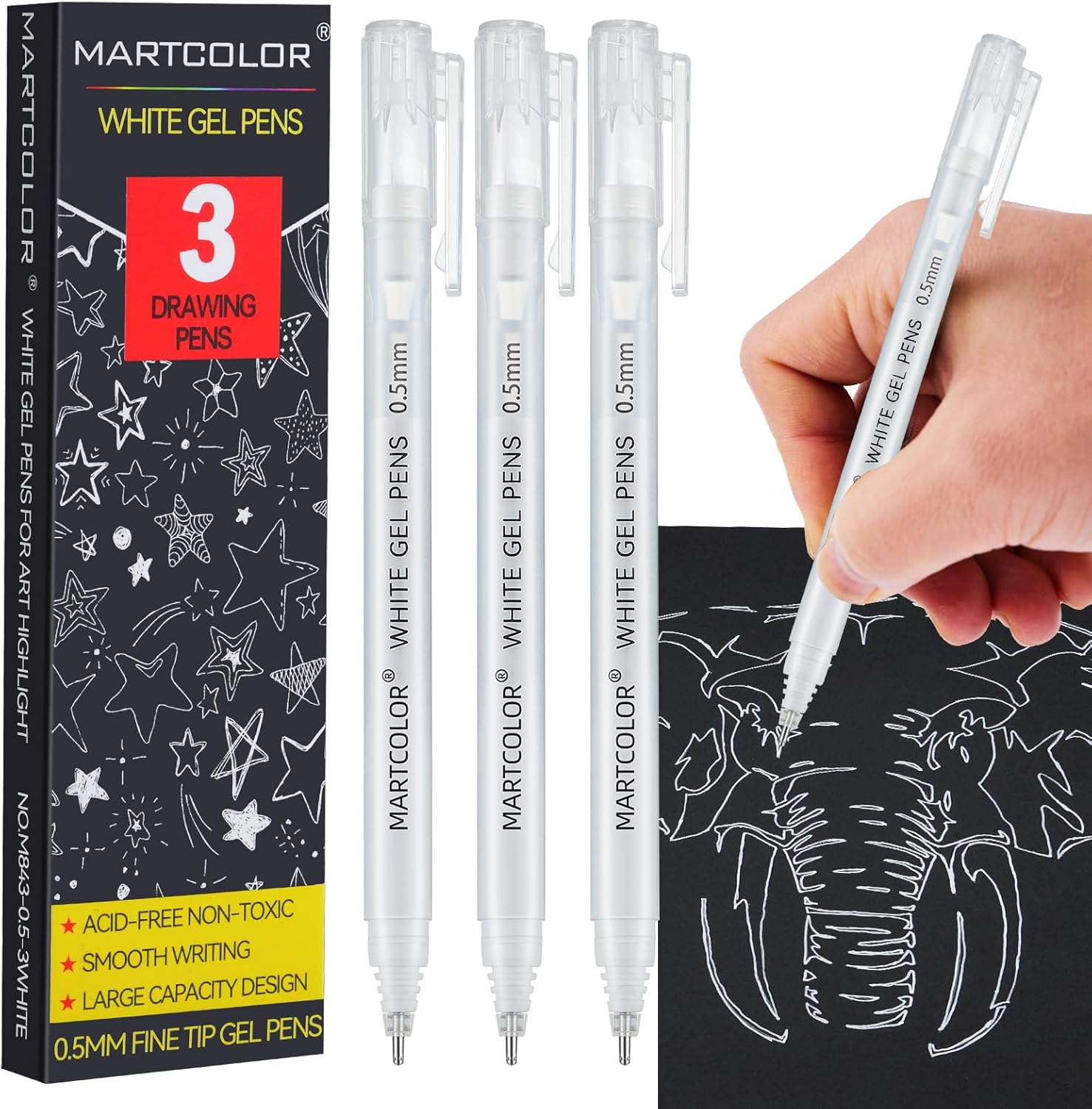 White Gel Pens, 0.5mm Extra Fine Point Opaque Archival Ink Pen for Black Paper Drawing, Art Highlight, Illustration, Bullet Journaling, Card Making & DIY Projects, 3 Pack