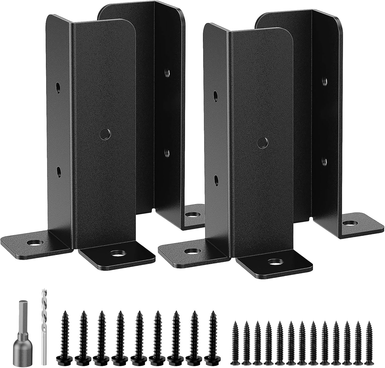 WELDUN 4 Pack Fence Post Brackets, Adjustable Fence Post Base with Screws, Black Thick Fence Post Support, Wood Stake, Fence, Pergola Metal Fence Repair Bracket Kit