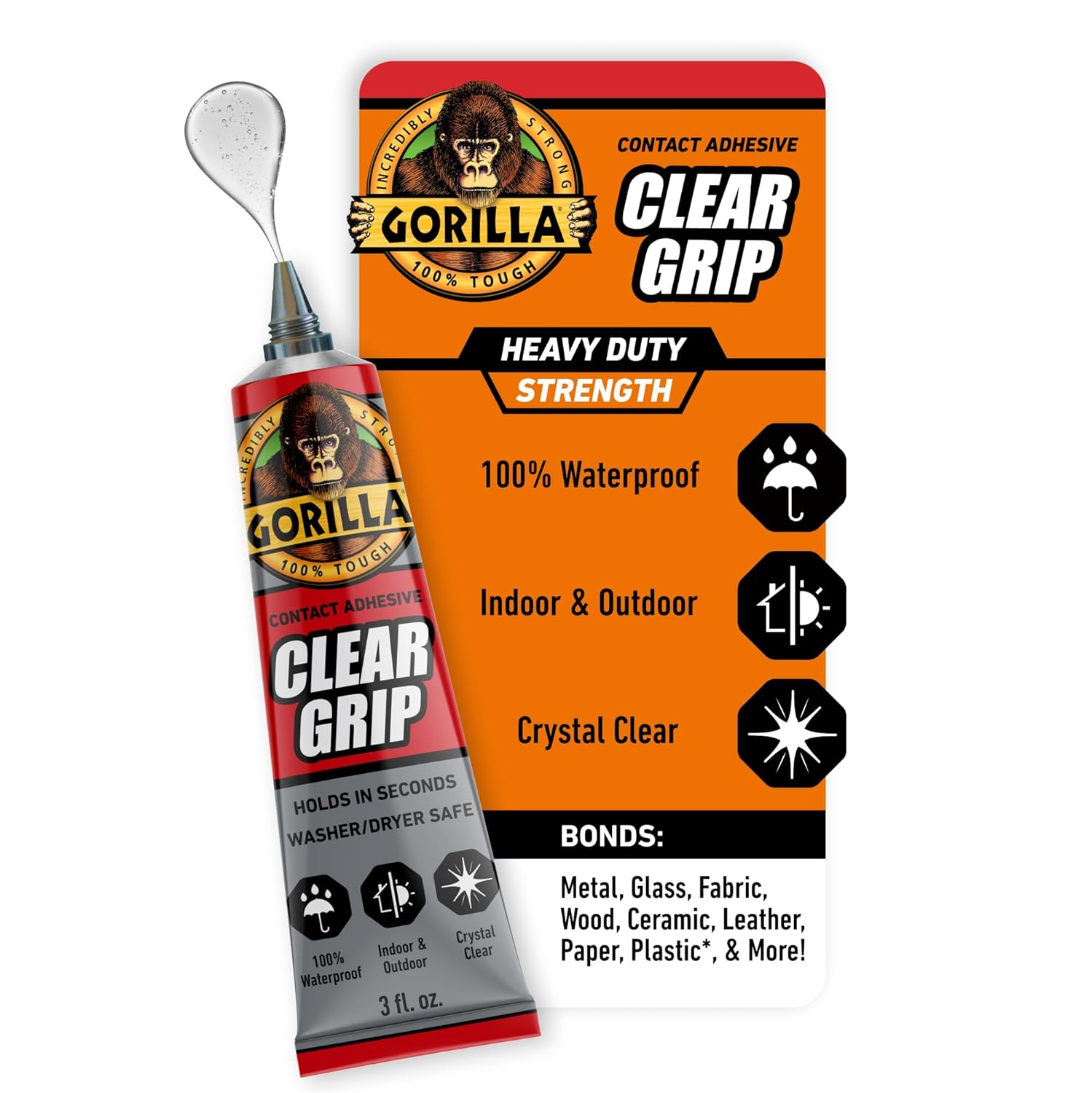 Gorilla Clear Grip Waterproof Contact Adhesive, 3 Ounce Tube, Clear, (Pack of 1)