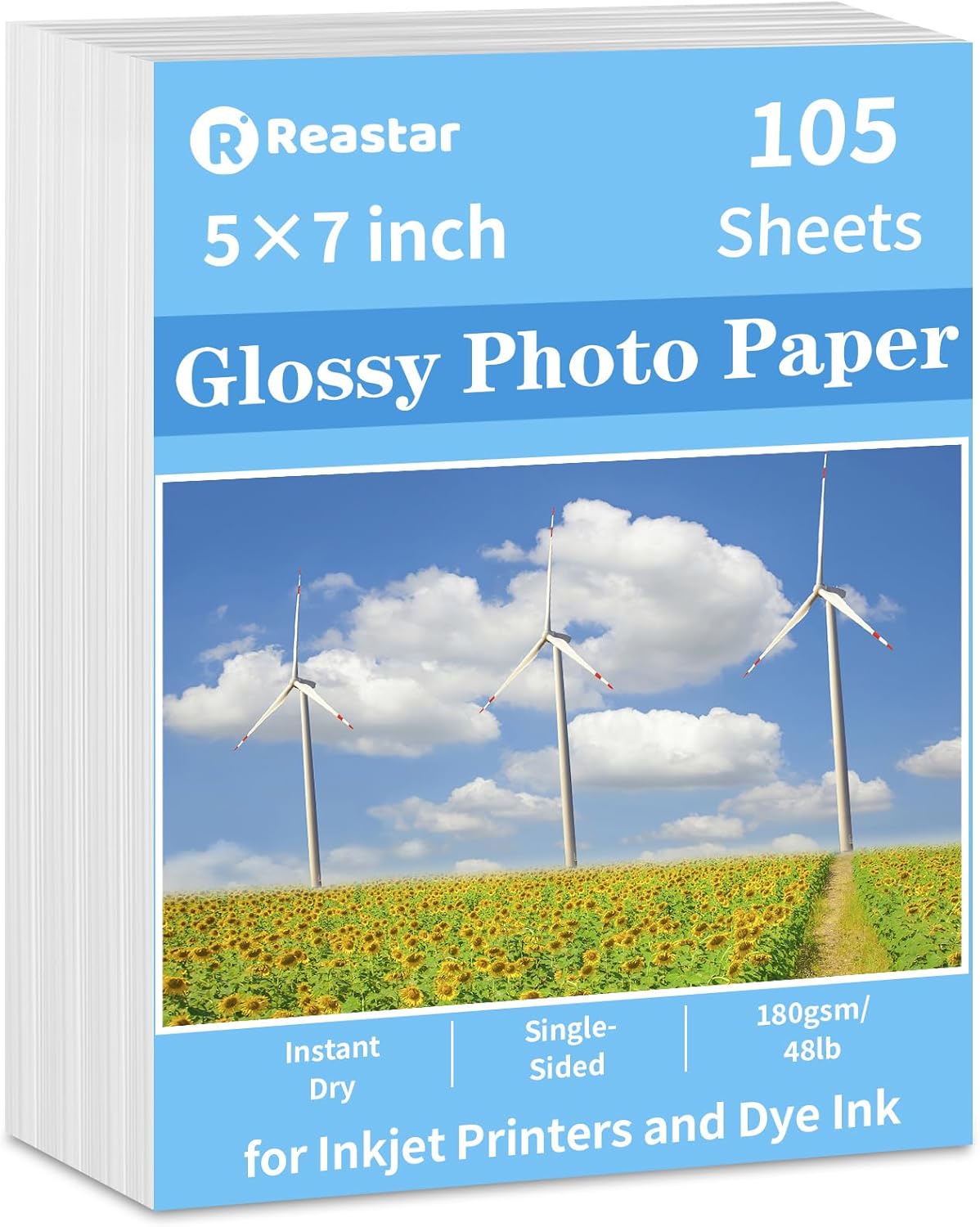 5x7 Glossy Photo Paper, 105 Sheets Picture Paper for Inkjet Printer, Instant Dry, for DIY Chip Bag, Flyers, Cards, Calendars and Brochures (180gsm/48lb)
