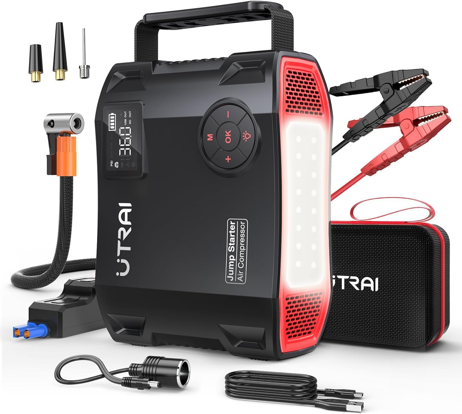 6000A Jump Starter Power Pack with 150PSI Air Compressor,UTRAI 27000mAh 12V Portable Emergency Car Battery Booster Jump Starter for All Gas/8L Diesel,DC160W,QC3.0,18W Fast Charging,LED Flashlight