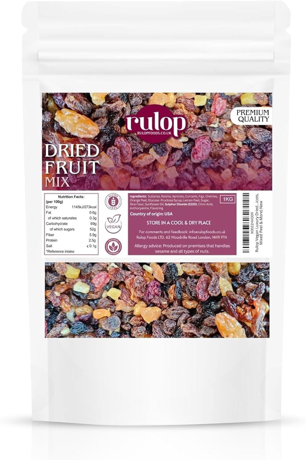 Rulop Vegan Luxury Dried Fruit Mix for Healthy Snacking - 1kg Assortment (Raisins, Sultanas, Currants, Golden Raisins, Cherries, Apricots, Mixed Peel & More)