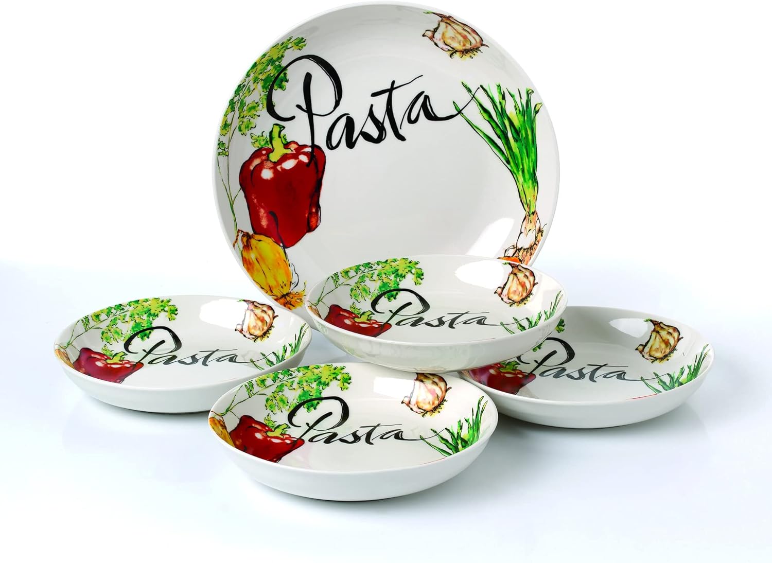 Lorren Home Trends 5Piece Porcelain Pasta Set Vegetable Design, Multicolor