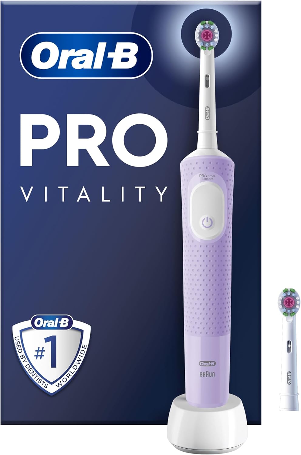 Oral-B Vitality Pro Electric Toothbrushes For Adults, 1 Handle, 2 Toothbrush Heads, 3 Brushing Modes Including Sensitive Plus, 2 Pin UK Plug, Purple