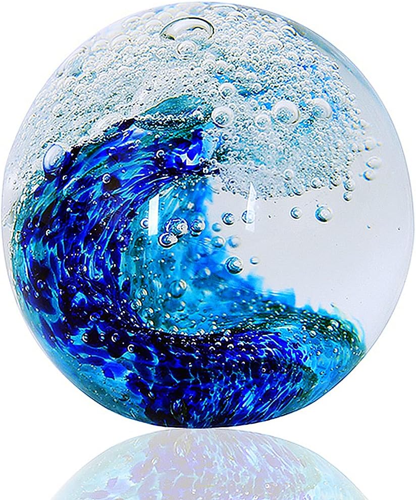 EUSTUMA Hand Blown Glass Figurines Ball Ocean Waves,Office Paperweight Glass for Desk,Home Decor Collectible,Aquarium Decor,Office Decor Ocean Lovers