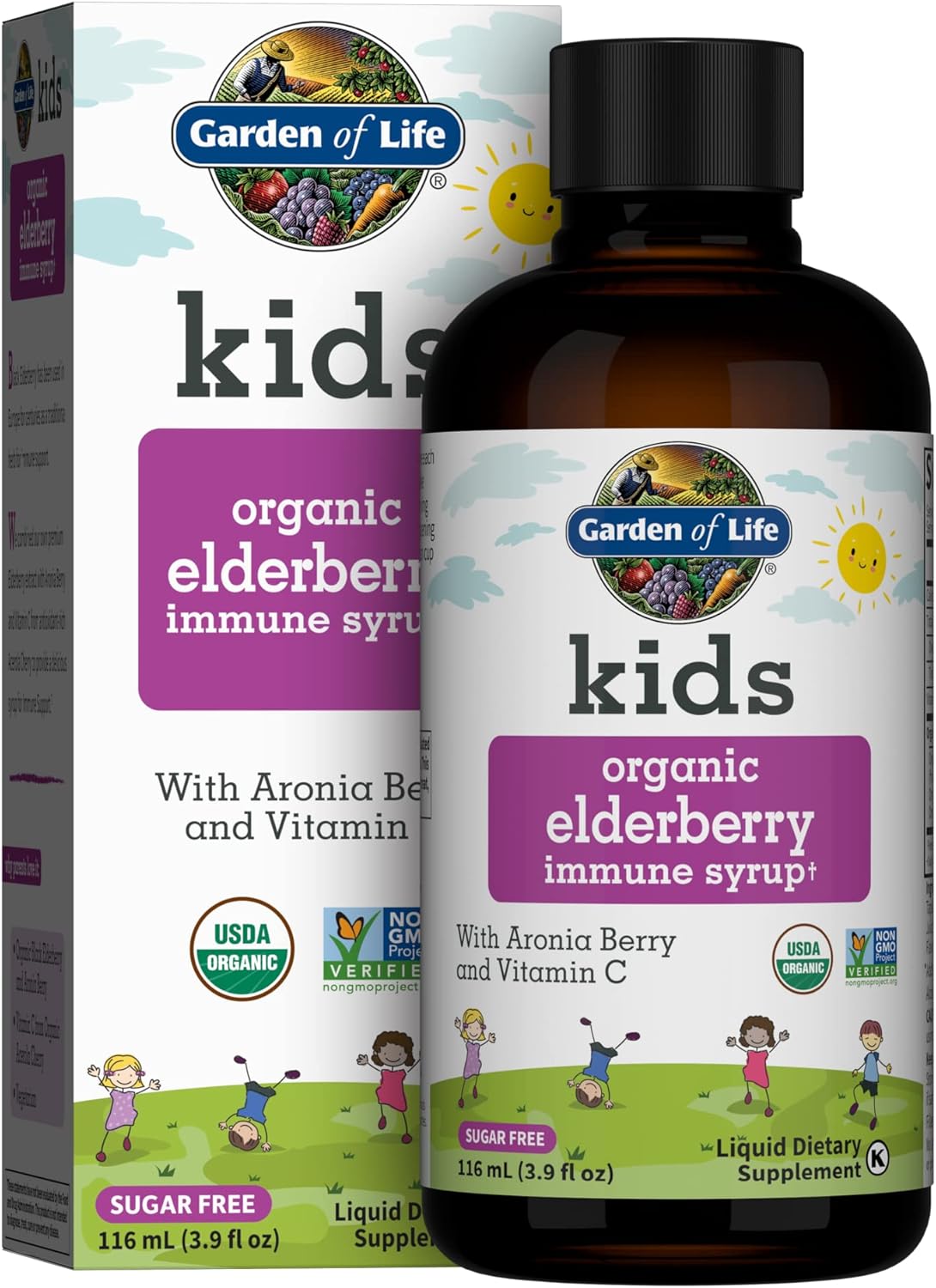 Garden of Life Organic Sambucas Elderberry Syrup for Kids Plus Aronia Berry & Acerola Cherry with Vitamin c for Immune Support, Sugar Free, Liquid, 3.9 Fl Oz