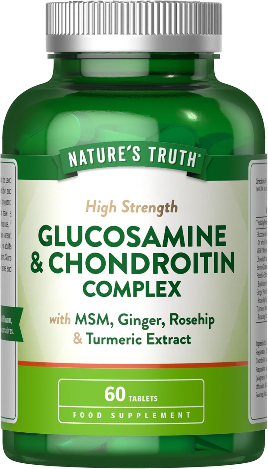 Glucosamine and Chondroitin High Strength | Complex with Glucosamine Sulphate 2KCl, MSM, Ginger, Collagen, Rosehip & Turmeric | 60 Tablets | Nature's Truth