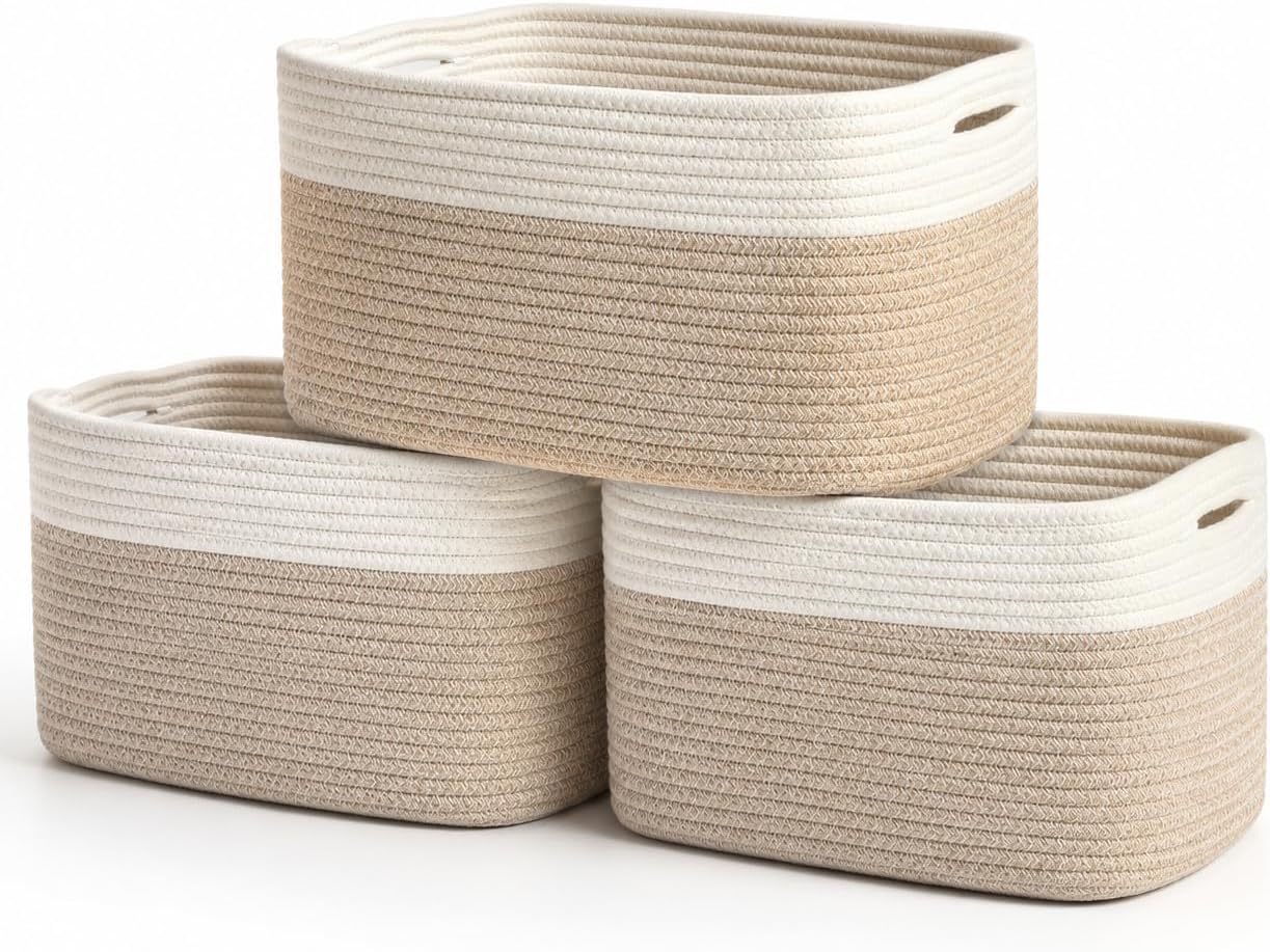 OrganiHaus 3-Pack White Storage Baskets for Shelves, Cotton Rope Basket for Towel Storage, Bathroom Baskets & Bins, Woven Blanket Basket for Living Room, Shoe Baskets, Baby Toy Storage Basket