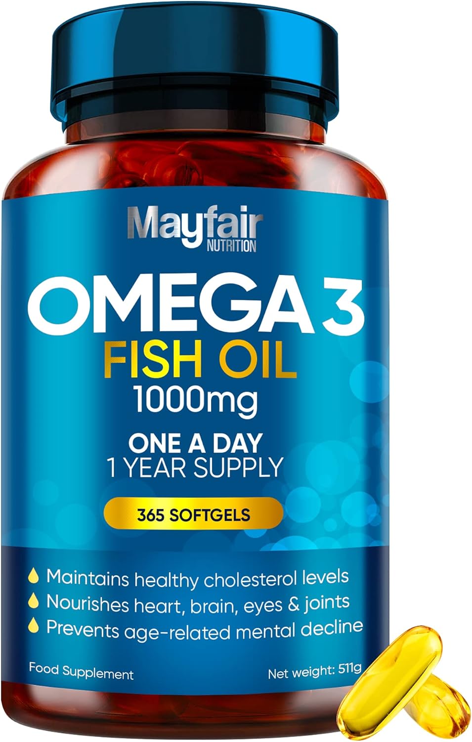 Omega 3 1000mg Capsules - 365 Fish Oil Tablets with EPA & DHA - One a Day - Supports Heart, Vision, & Brain Health - 1 Year Supply - Made in UK