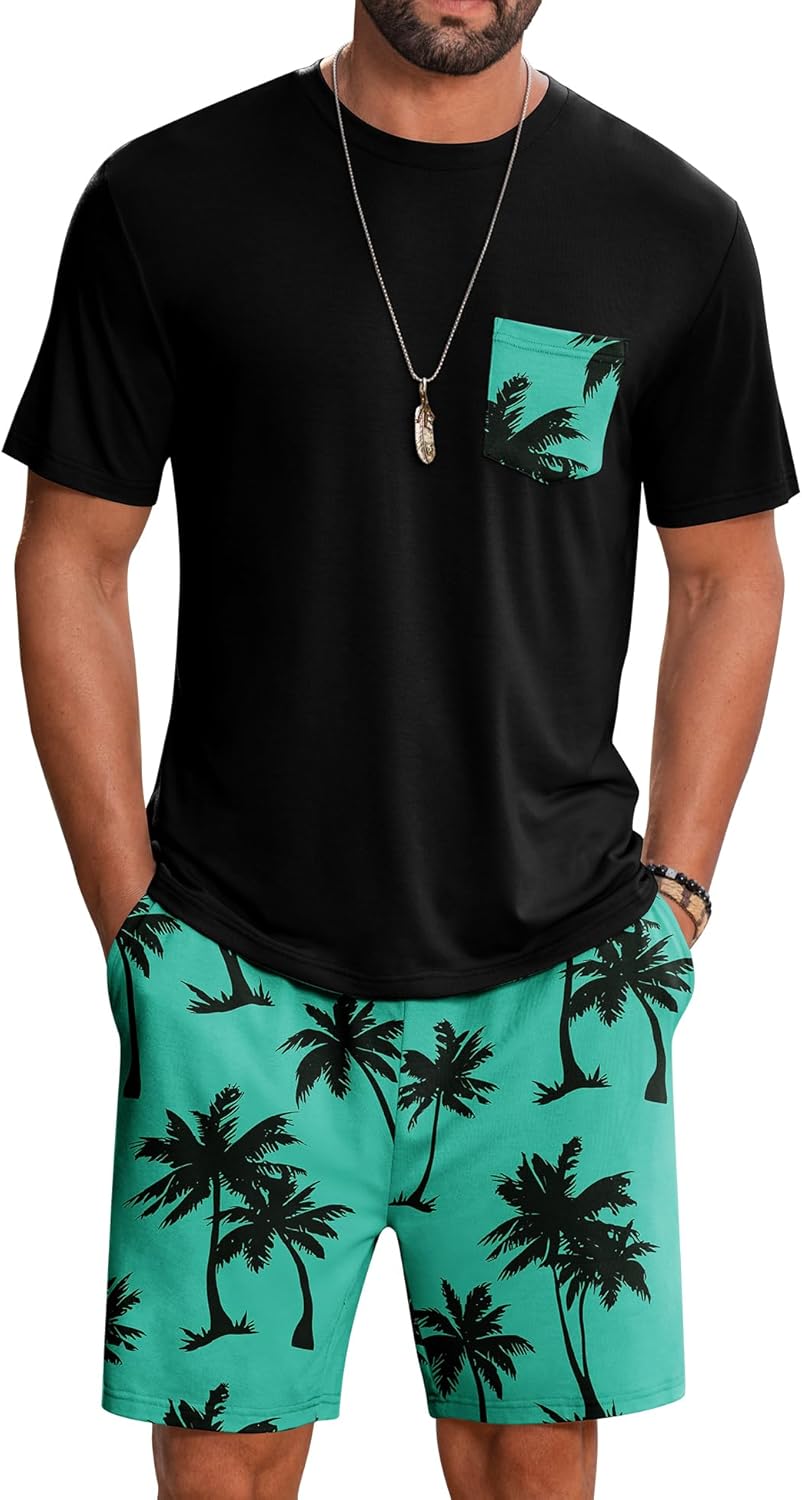 LecGee Mens Hawaiian 2 Piece Summer Outfits Short Sleeve Shirt and Floral Print Shorts Sets Beach Vacation Clothes for Men