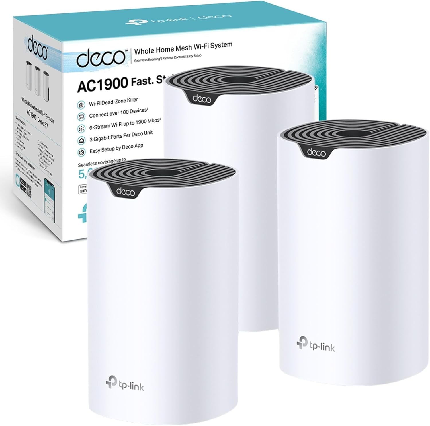 TP-Link Deco S7(3-pack) AC1900Mbps Whole Mesh WiFi System, Dual-Band WiFi Booster with Gigabit Ports, Coverage up to 5,600 ft2, Connect 150 devices, 1.2 GHz CPU, Work Amazon Alexa, Parental Controls