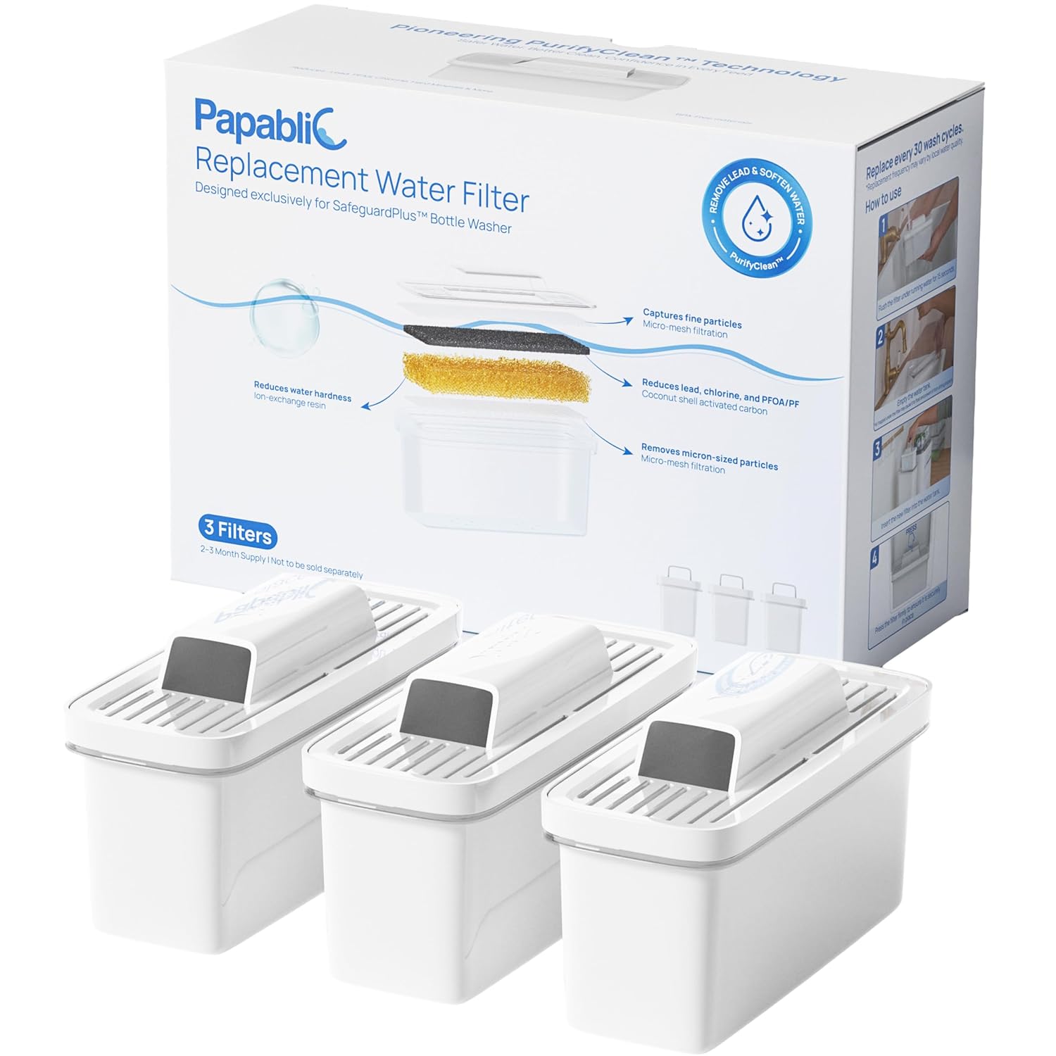 Papablic Official Replacement Water Filter for SafeguardPlus Bottle Washer | 3-Pack, No Distilled Water Needed, Tap Water Filtration