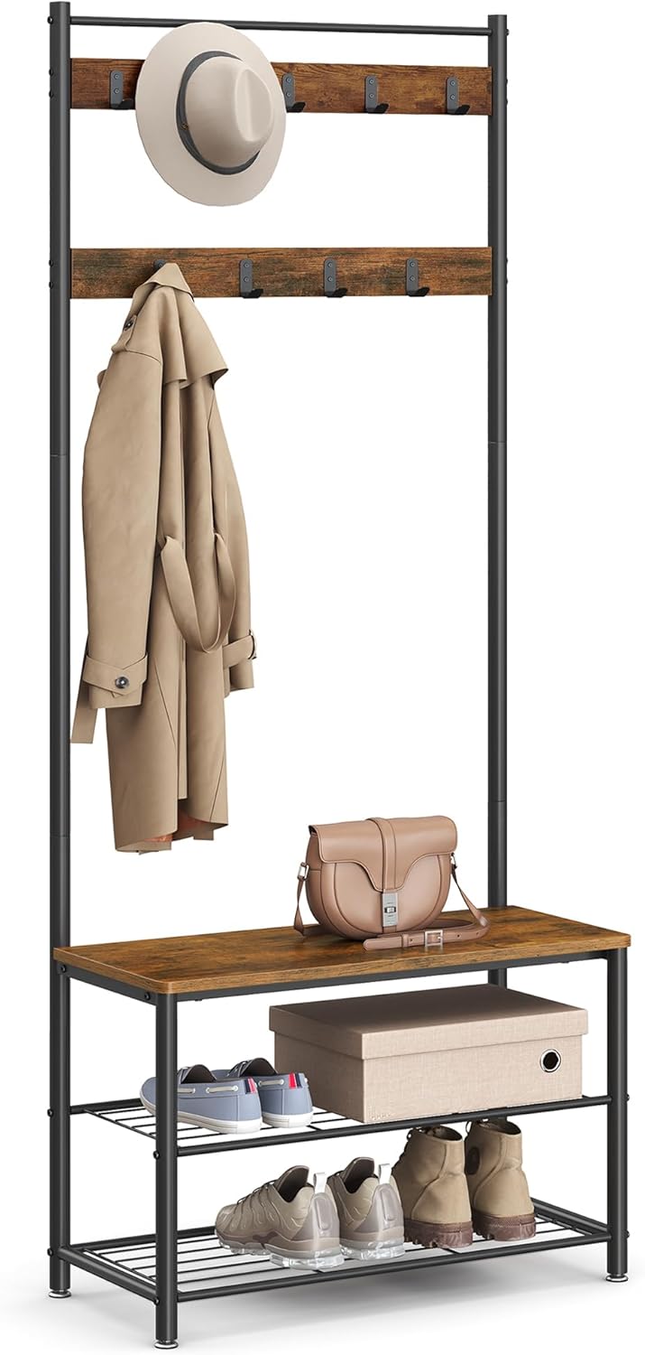 VASAGLE Coat Rack, Hallway Cabinet, Cloakroom, Clothes Rack, with Bench and Shoe Shelves, Hooks, Metal Frame, Height 175 cm, Industrial Style, Rustic Brown and Black HSR41BX