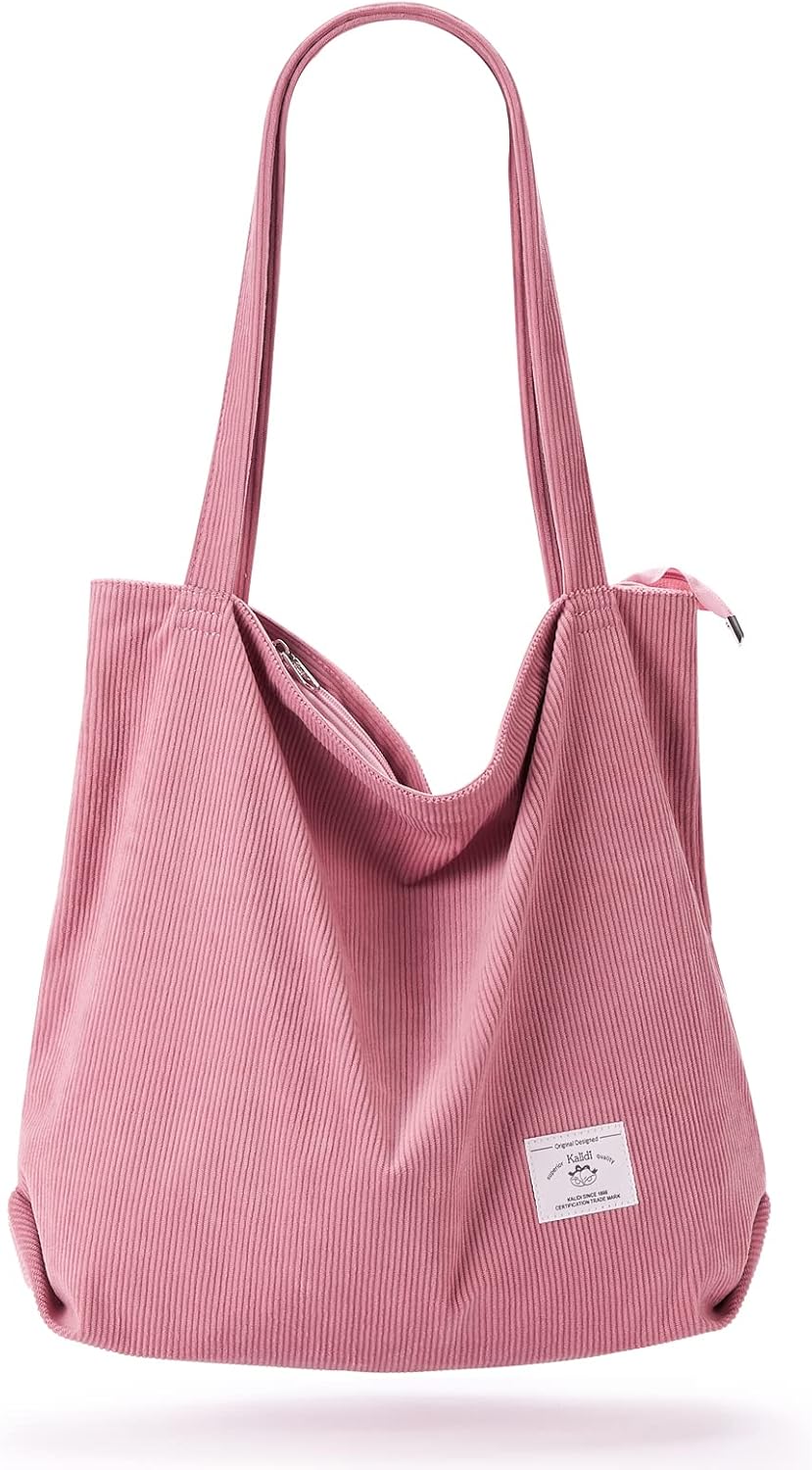 KALIDI Thicken Corduroy Totes Bag Extra Large Capacity Handbags Shoulder Bags with Zipper Cord Tote Bag for Women Ladies Girls Casual Shopping Bag for Work School College Daily Use