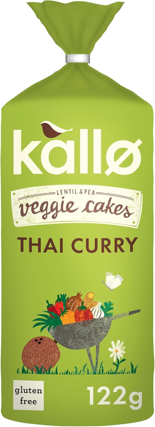 Kallo Thai Curry Veggie Cakes, Lentil & Pea Puffed Crackers Made From Plants, Coconut Curry, Low Fat Healthy Snacks, Vegetarian Friendly, Gluten Free, No Artificial Flavours, Single Pack 1 x 122 g