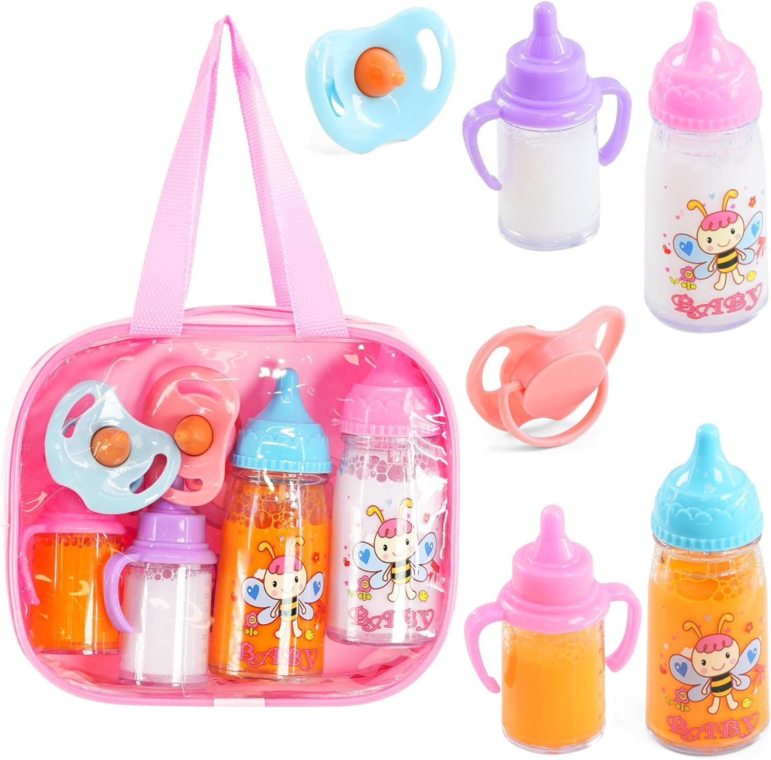 BiBi Doll 7-Piece Baby Doll Accessories Set – Magic Milk Bottles, Juice Bottles, Dummies & Carry Bag for Realistic Role Play – Great Gift for Boys and Girls