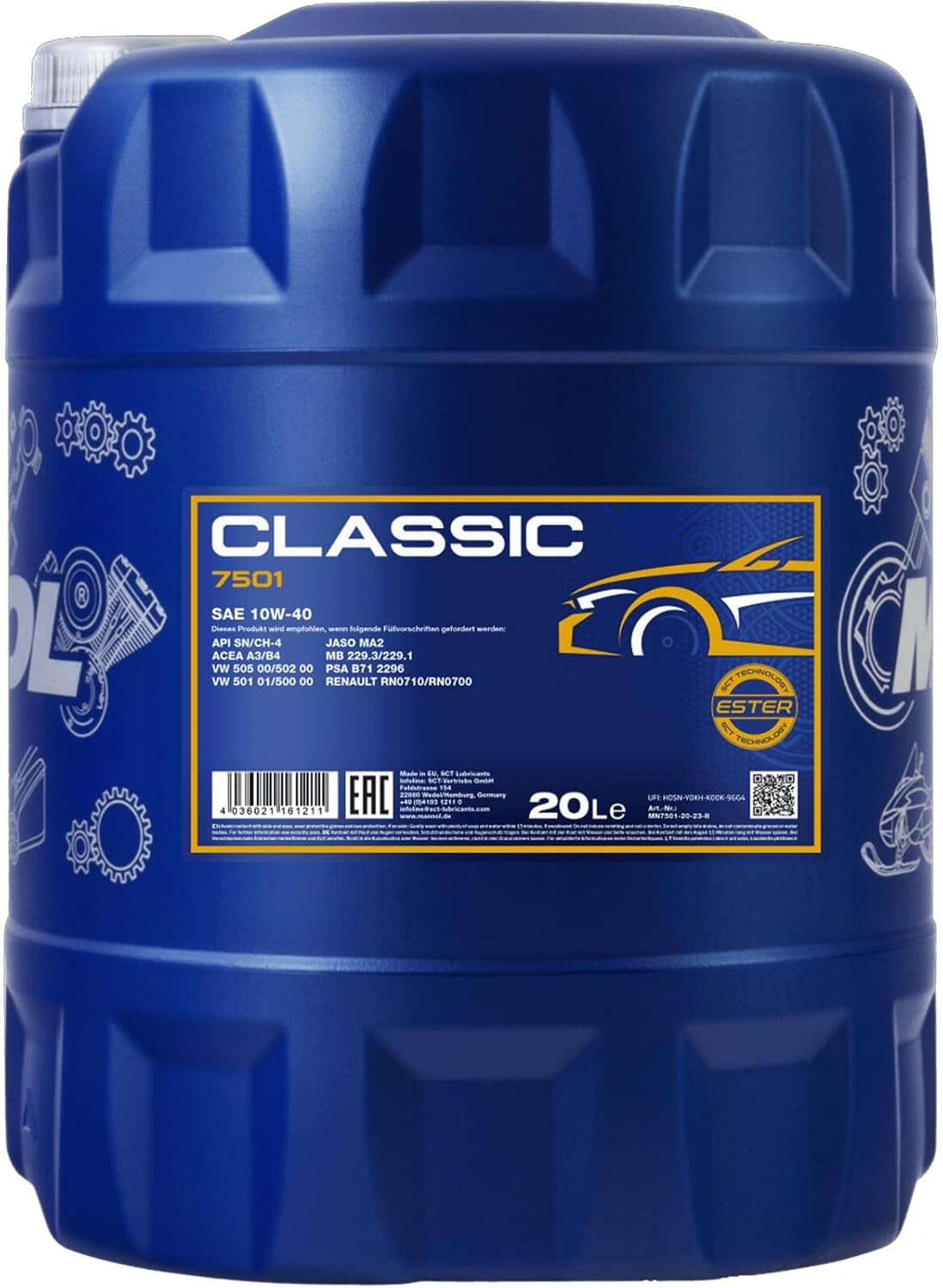 Mannol 20 Litre Classic 10W-40 Engine Oil 7501 API SN/CH-4 ACEA A3/B4 Universal HC-Synthese Ester Technology