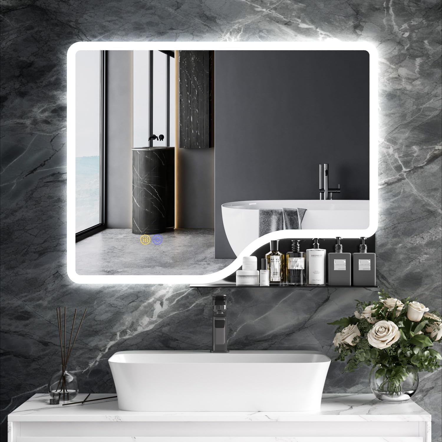 36"x 28" LED Bathroom Mirror with Shelf, Wall-Mounted Backlit Vanity Mirror with Lights, Smart Bathroom Mirror with 3 Colors, Anti-Fog, Stepless Dimmable, Memory (UL, ETL)