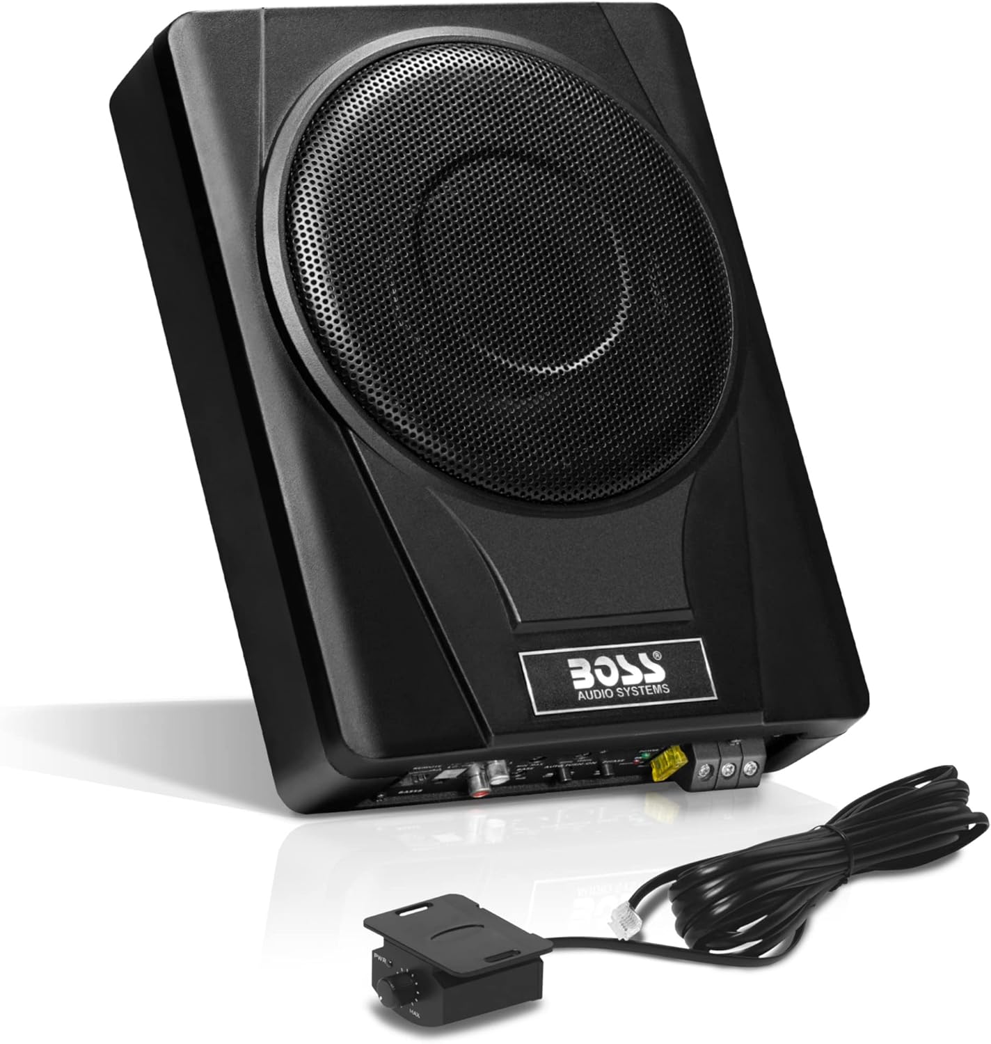 BOSS Audio Systems BASS8 8 Inch Under Seat Powered Car Subwoofer – 800 High Output, Low Profile, Built in Amplifier, for Truck, Boxes and Enclosures, Remote Subwoofer Control