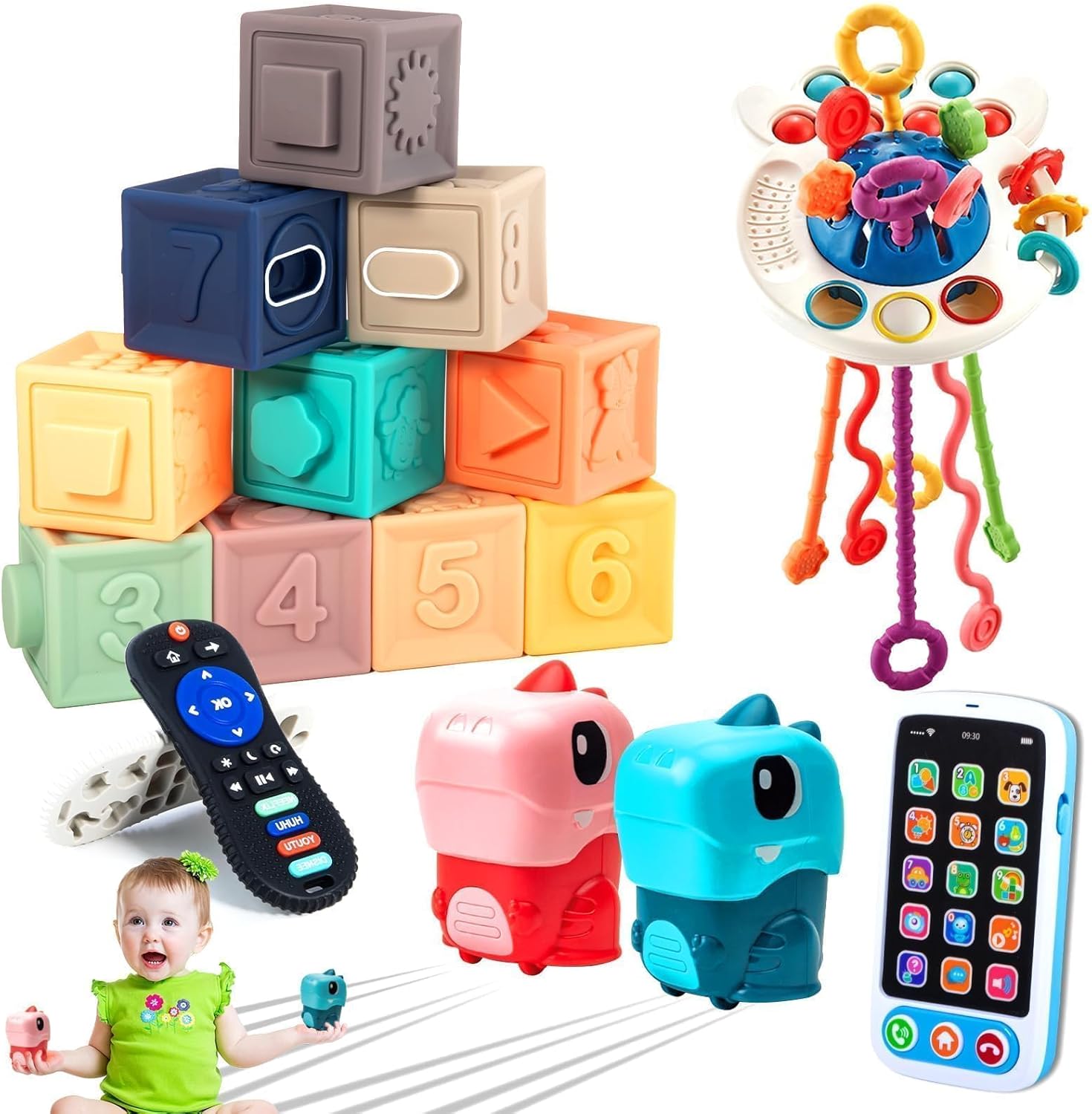 5 in 1 Montessori Baby Toys Set for Ages 6-36 Months - Pull String Teether, Stacking Blocks, Sensory Shapes Simulation Remote Control,Baby Gifts(Dinosaur Toy car)