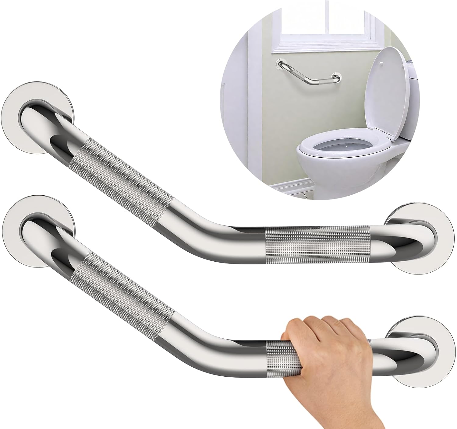 16 Inch Angled Shower Grab Bar, Munzong Safety Bar Brushed Nickel | Bathroom Grab Bar Anti Slip Knurled Bathroom Balance Bar Safety Hand Rail Support Handicap Elderly Senior Bath Handle