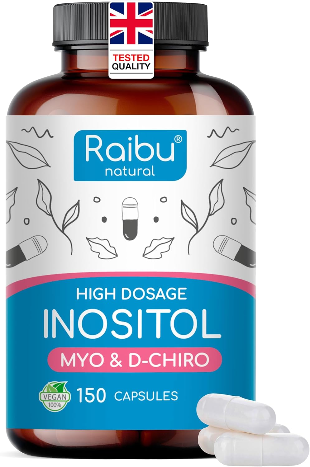 Myo Inositol & D Chiro Inositol Supplement 150 Capsules - PCOS & Hormonal Balance Support - Enriched with Folic Acid, Vitamin B6 & Chromium - High Strength Vegan Capsules from Raibu