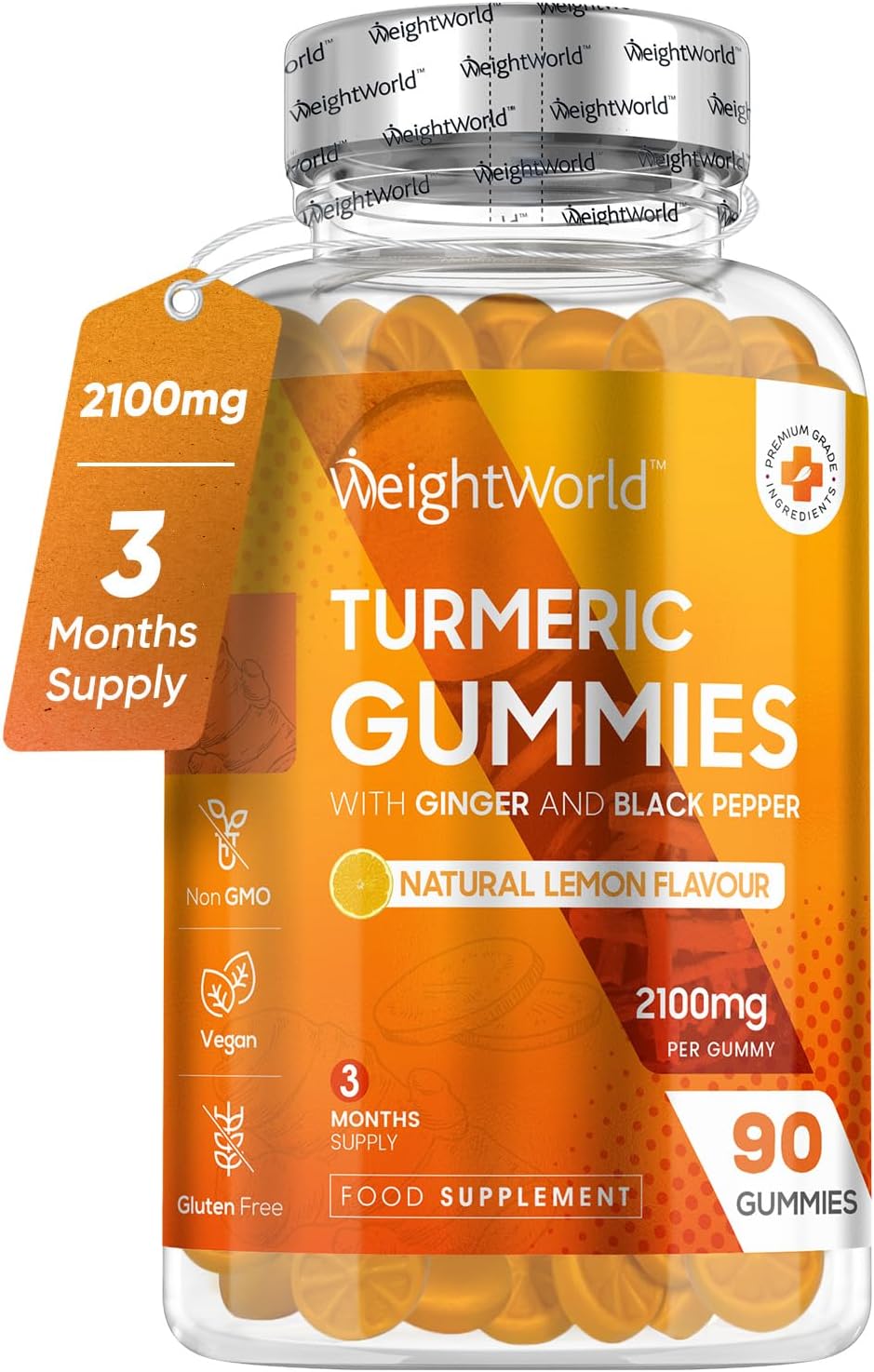Turmeric Gummies with Black Pepper & Ginger 2100mg - 90 Natural Lemon Flavour Vegan Turmeric Gummies (3 Months Supply) –High Strength Alternative to Turmeric & Black Pepper Capsules for Adults