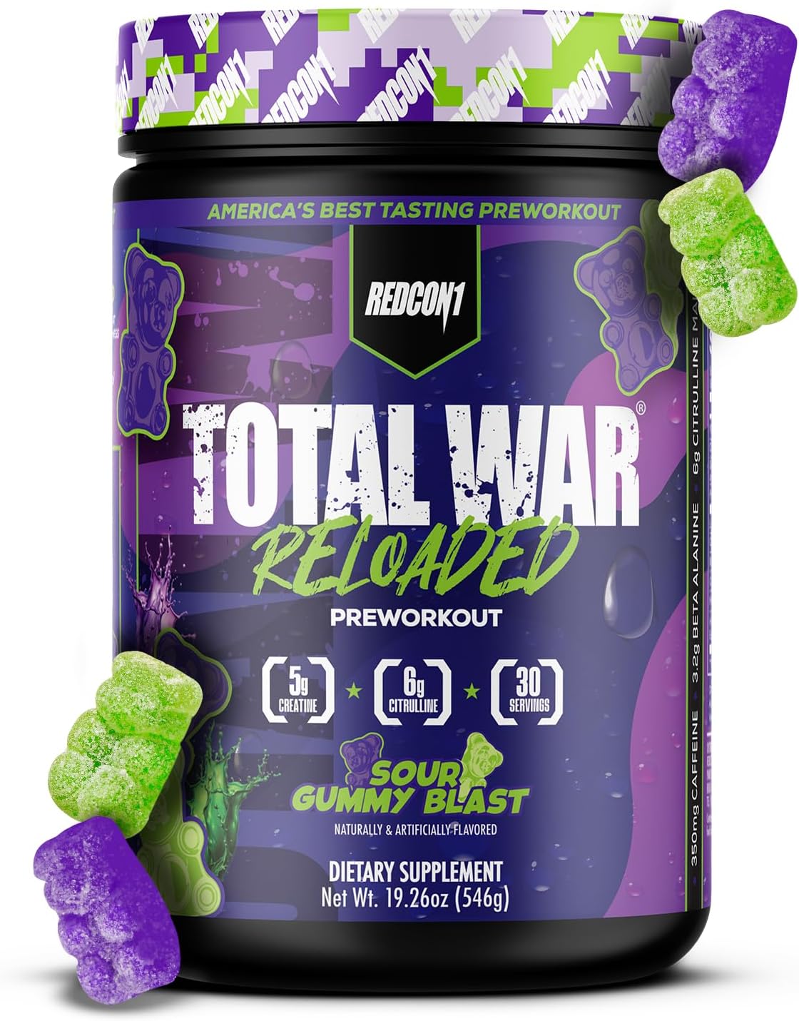 REDCON1 Total War Reloaded Pre Workout, Sour Gummy Bear - Creatine, Beta Alanine + L-Citrulline Malate Keto Friendly for Men & Women with 350mg of Caffeine - Fast Acting (30 Servings)