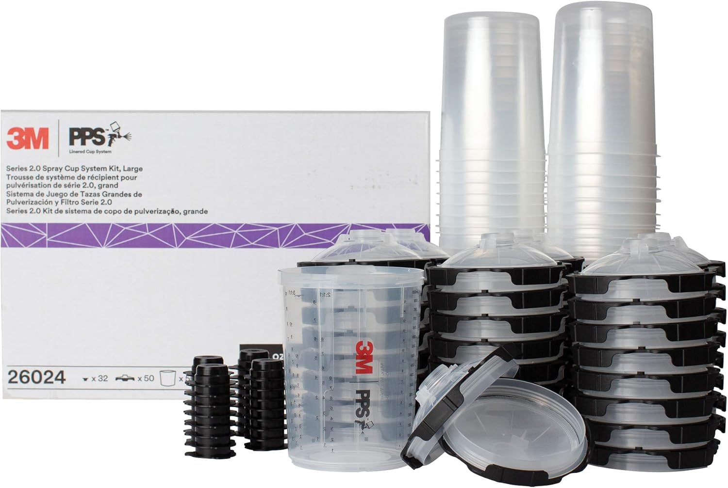 3M PPS 2.0 Spray Gun Cup, Lids and Liners Kit, 26024, Large, 28 Ounces, 200-Micron Filter, Use for Cars, Furniture, House and More, 1 Paint Cup, 50 Disposable Lids and Liners, 32 Sealing Plugs