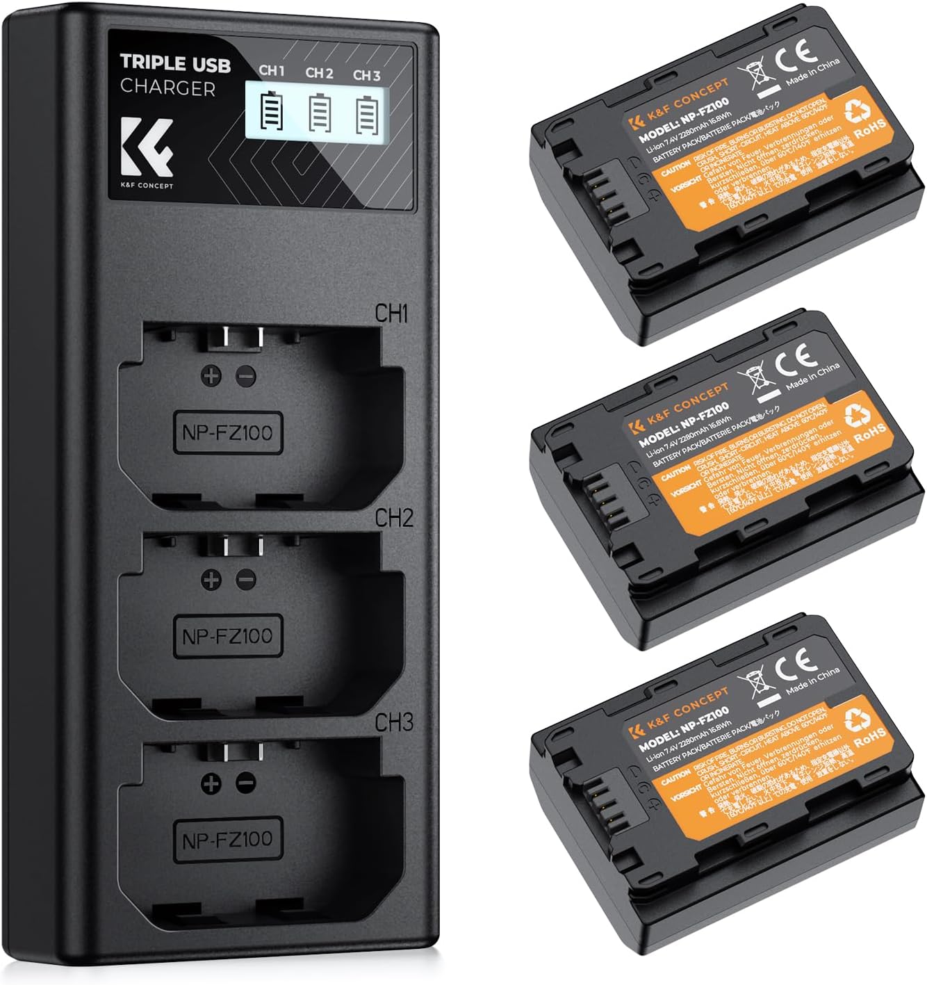 K&F Concept NP-FZ100 Battery and Three Slot Charger, 3-Pack A7 III Battery Compatible with Sony A7 IV, A7 III, A7C, FX3, Fx30, A9, A6600, A6700, ZV-E1, ZV-E10 II, A9S, A7R III, A7R IV, A7RV, 2280mAh