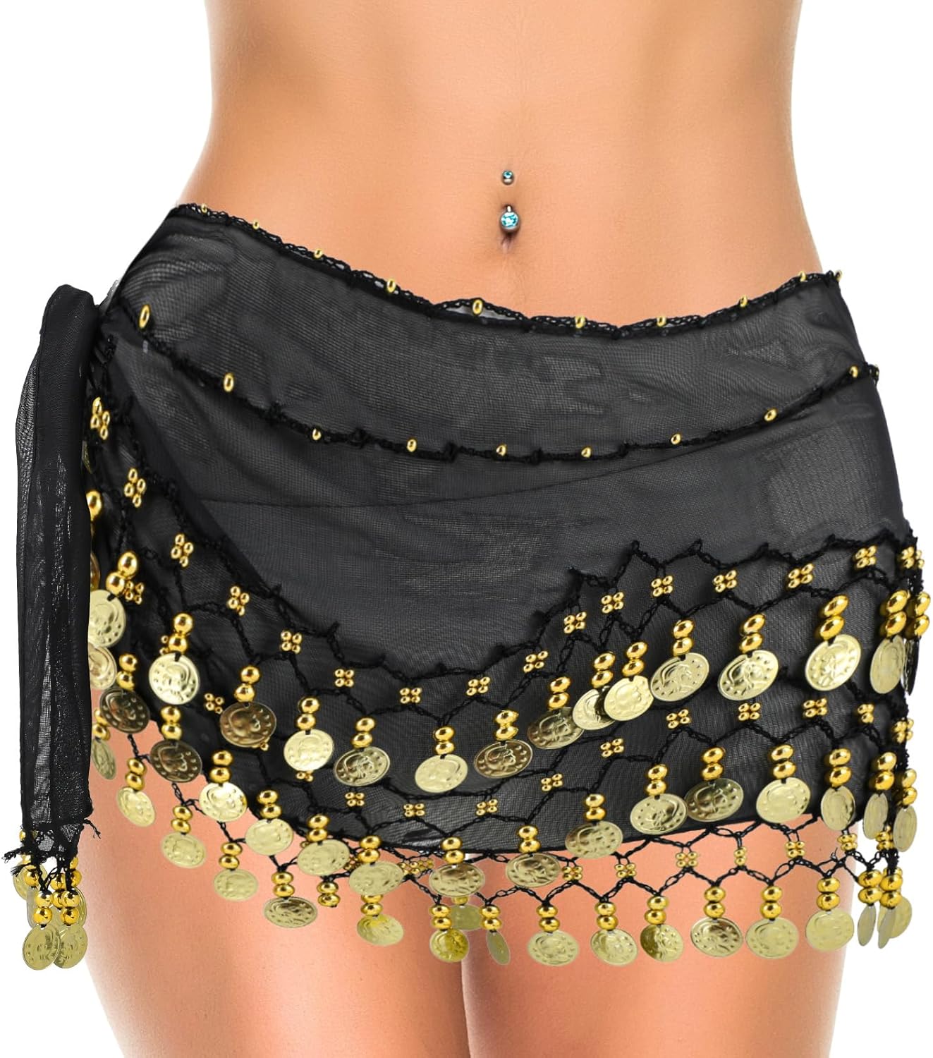 Piriuuo Belly Dance Hip Scarf, Belly Dance Skirt with Sequins and Coins Chiffon Bellys Dances Belt Performance Bellys Dances Costume for Women (Black & Gold)