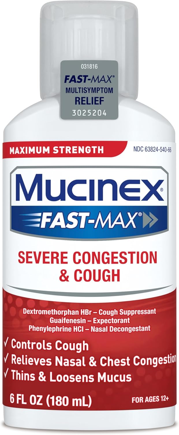 Mucinex Fast-Max Severe Congestion & Cough Medicine, Maximum Strength Symptom Relief, Over-The-Counter Medication, Cold Medicine, Cough Suppressant, Expectorant, Nasal Decongestant, FSA/HSA, 6 FL OZ