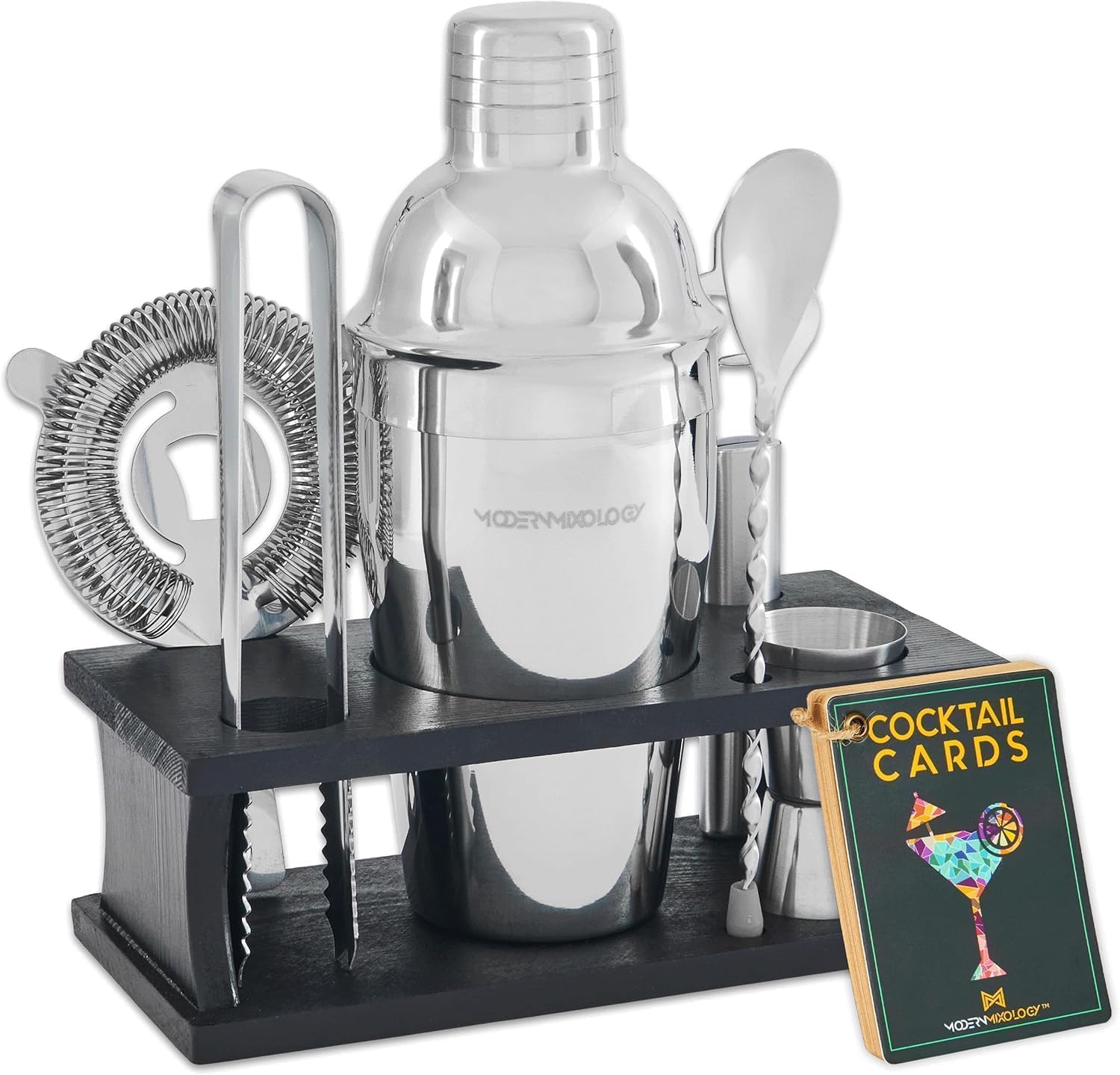 8Pcs Cocktail Shaker Set, Bartender Kit with Black Wood Stand, Stainless Steel Bar Tool Set for Drink Mixing Home Bartending Kit