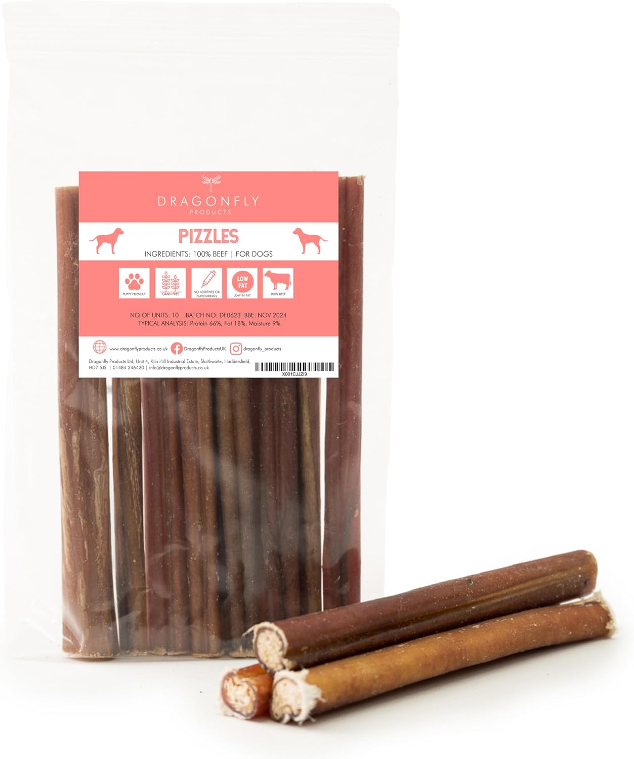 Dragonfly Products 10 pieces Bulls Pizzle Bully Sticks for Dogs & Puppies | Healthy, Natural Dog Treats Chews | Grain Free Treat