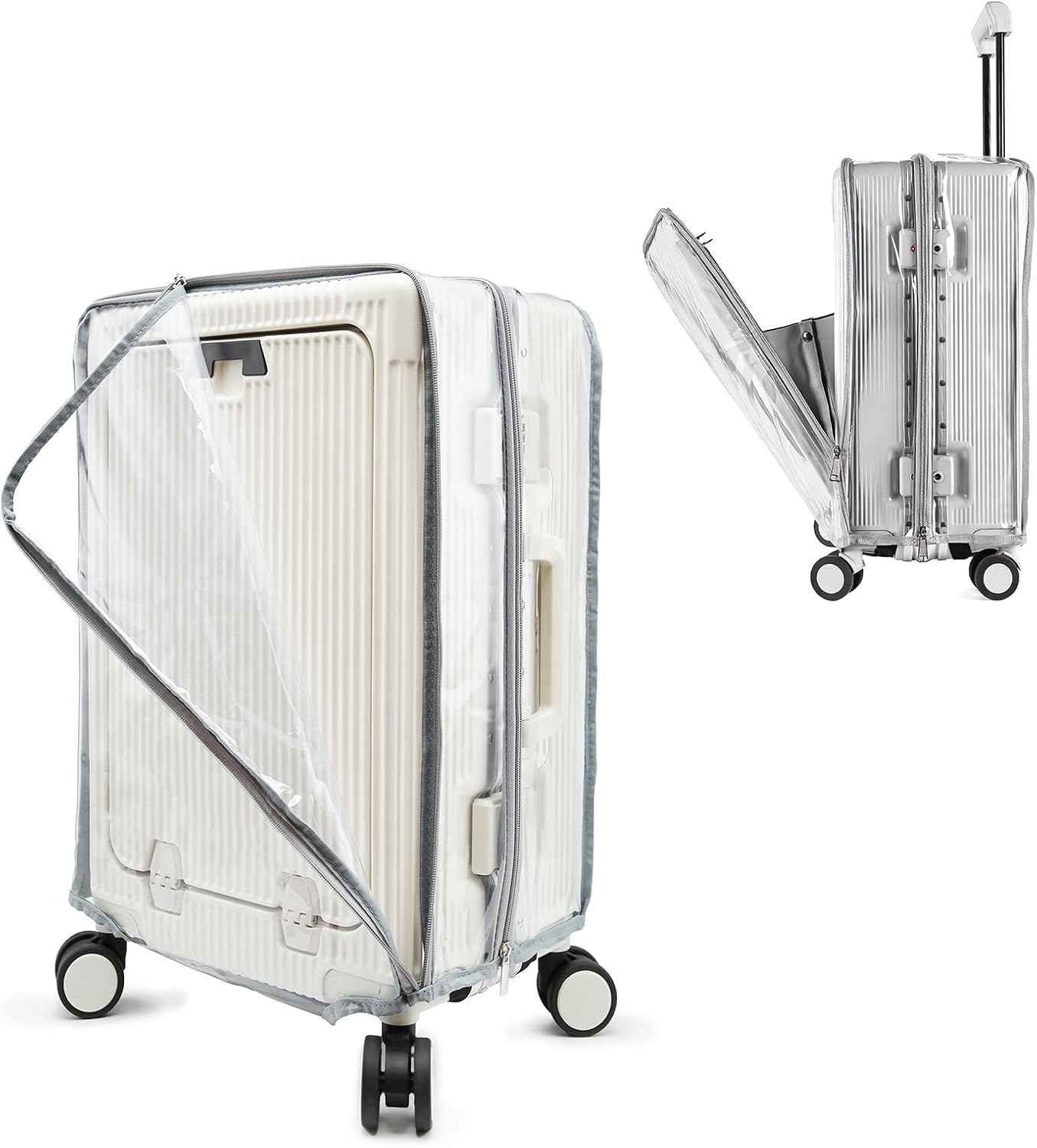No Disassembly Luggage Cover with Front Pocket Zipper, 20 Inch Clear PVC Carry On Suitcase Cover for Luggage, Travel Waterproof Transparent Luggage Protector