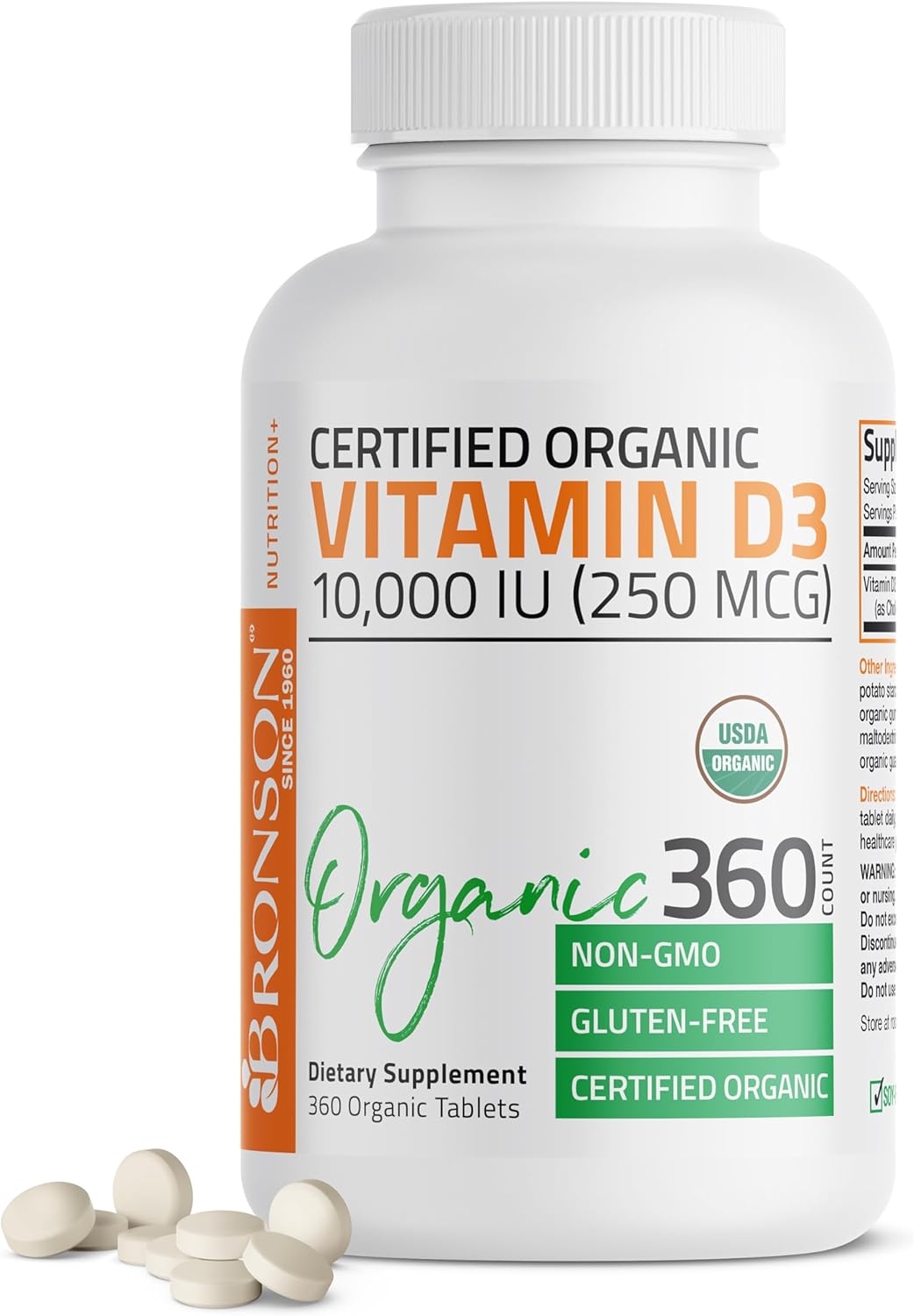 Bronson Vitamin D3 10,000 IU (250 mcg) Certified Organic High Potency Non-GMO Vitamin D Supplement, 360 Tablets