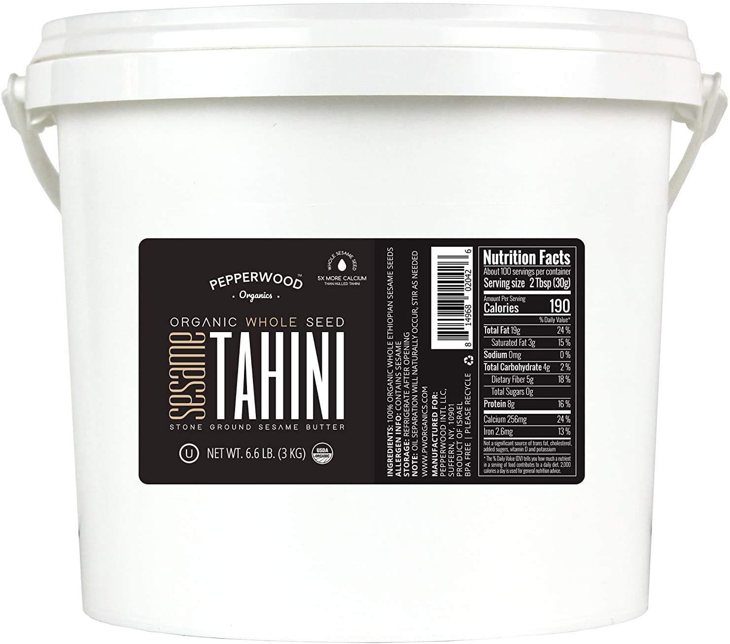 Organic Whole Sesame Tahini Paste - Bulk 6.6lb Bucket - Unhulled & Stone-Ground - Silky Smooth Texture in Hummus, Dips, Dressings - Unsalted, Nut-Free, Kosher, Paleo, Keto - Pepperwood Organics