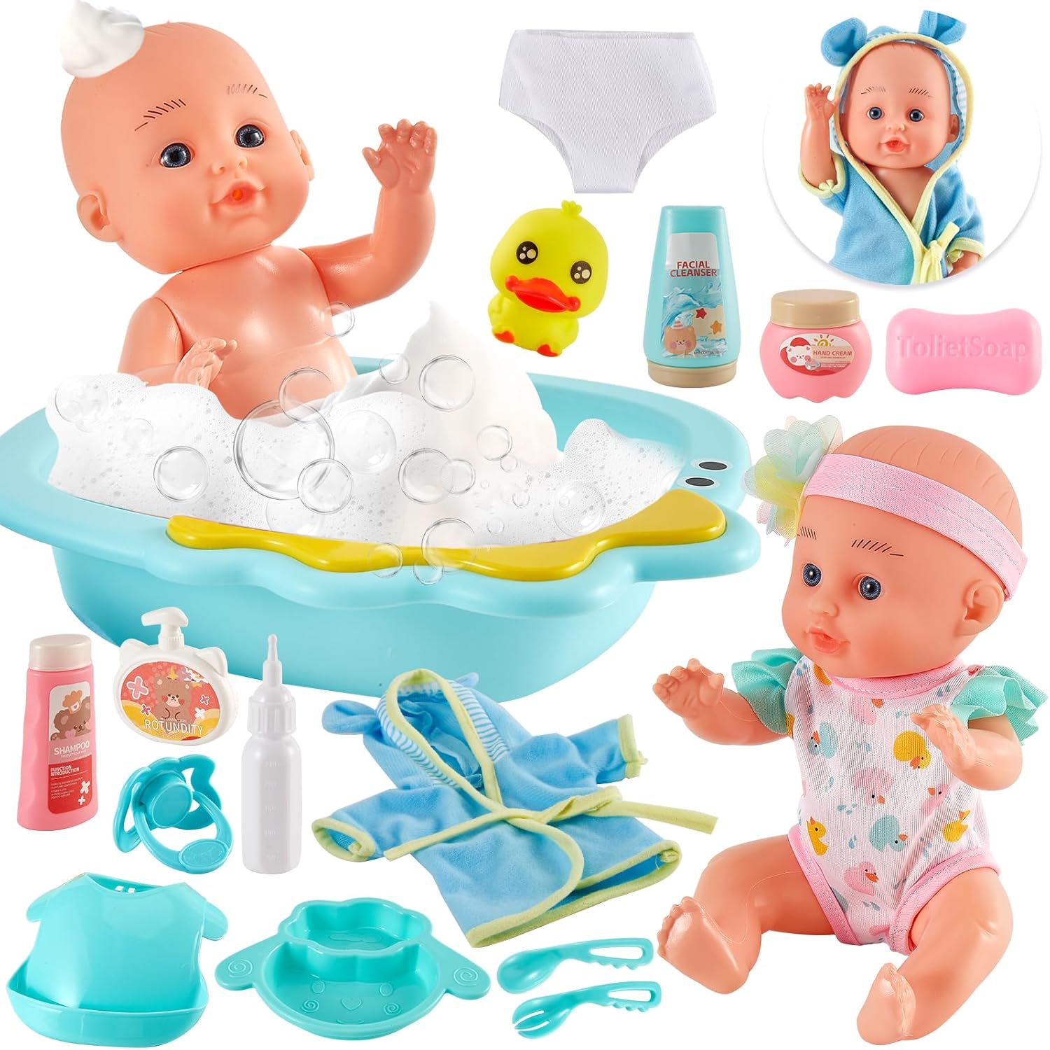 LINFUN KIDS Baby Doll Accessories Toys, 2 IN 1 Baby Doll Bath Play Set and Feeding Kit, Dress Up Doll Game Gift for Girls Boys Toddler 3 4 5 Years Old