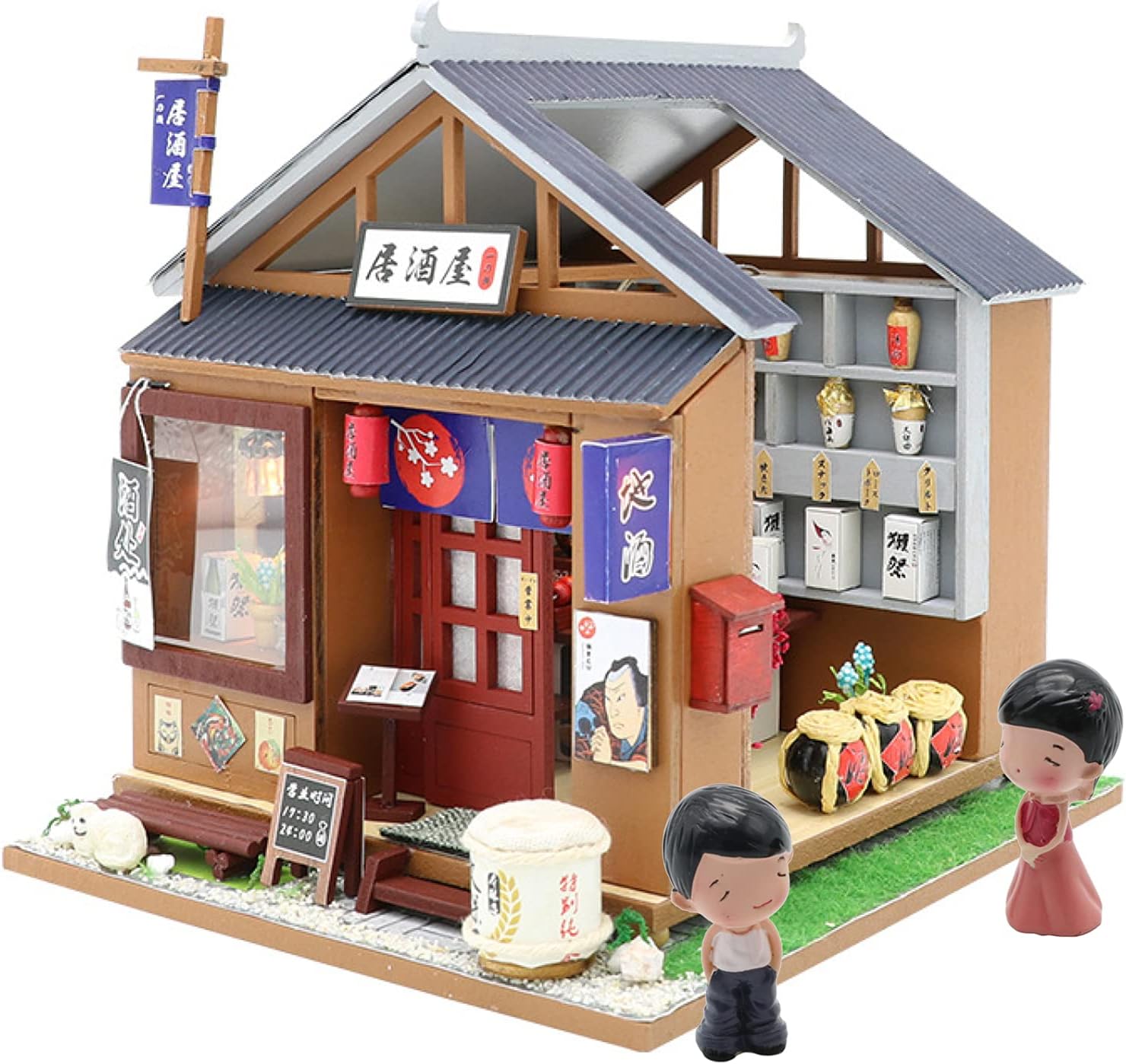YIHANGG Wooden Assembling Toys DIY Miniature Dollhouse Kit, Japanese-Style Wine House Model Birthday with Dust Proof Couple Doll