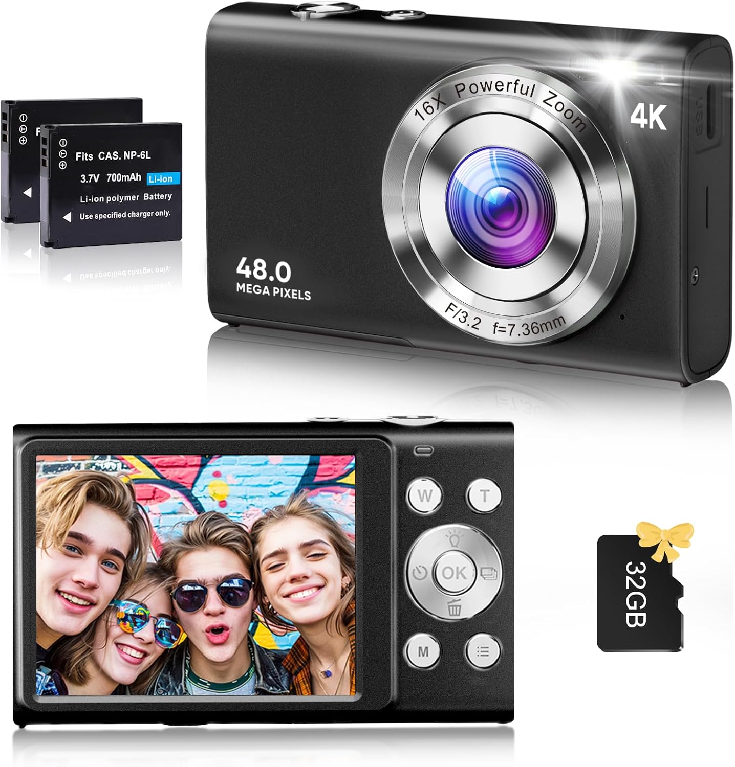 Digital Camera, 4K Vlogging Camera for YouTube Autofocus 48MP UHD Cameras for Photography with Anti-Shake, 16X Digital Zoom Point and Shoot Digital Camera with 32GB Card for Teens Adult Beginner-Black