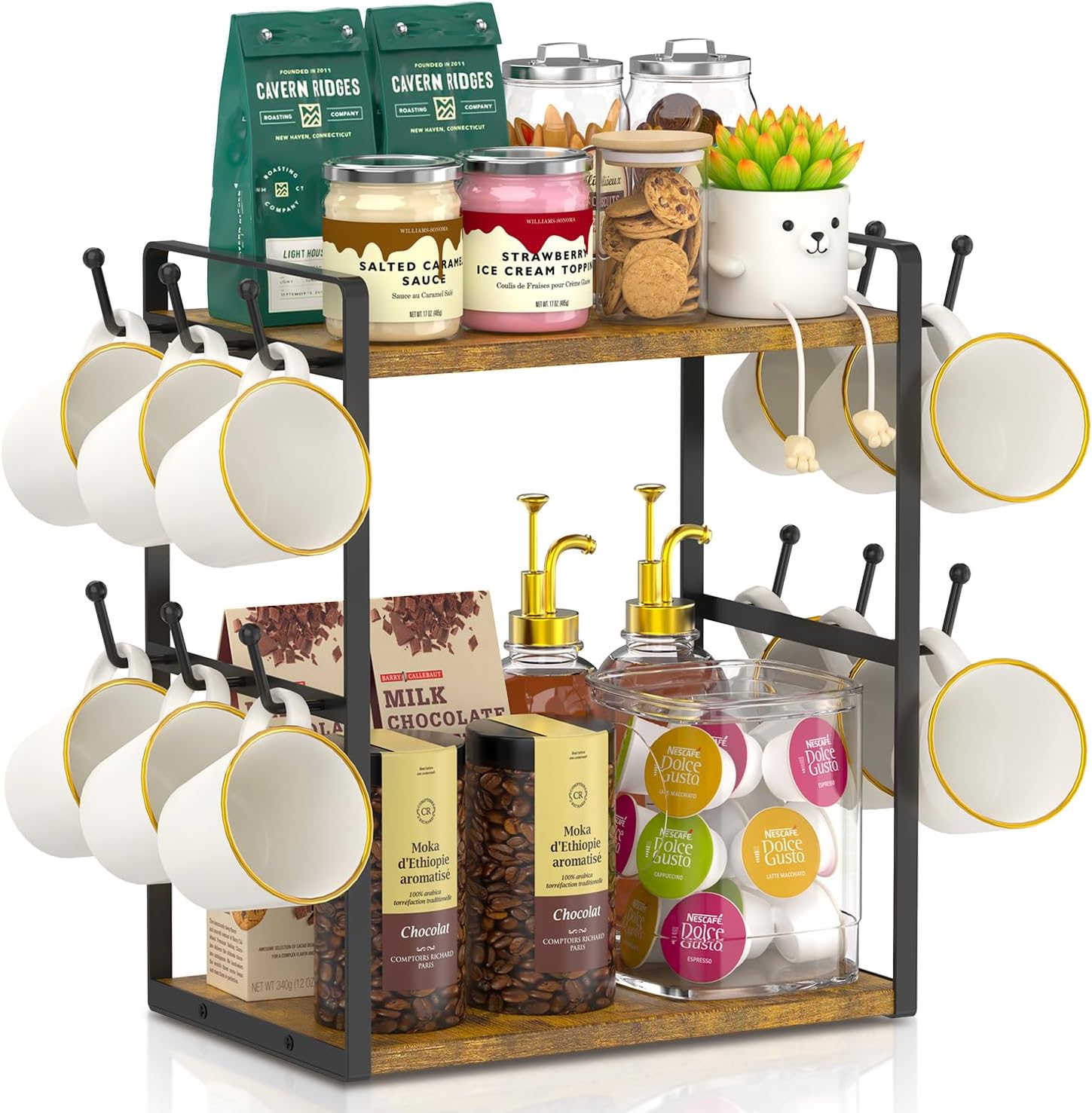 EsLuker.ly 2 Tier Coffee Bar Organiser for Home Office, Multi-functional Countertop Mug Holder Display Stand Rack, Coffee Station Accessory Storage Shelf with 12 Hooks, Vintage Brown-Black