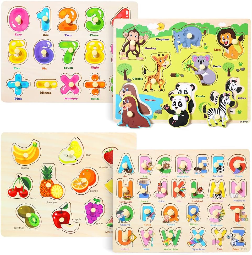 GRINNNIE Wooden Peg Puzzle for Toddlers 2 3 4 Years Old, 4 PCS Montessori Educational Learning Puzzles Set-Numbers, Letters, Animals and Fruits, Great Preschool Gifts for Girls and Boys
