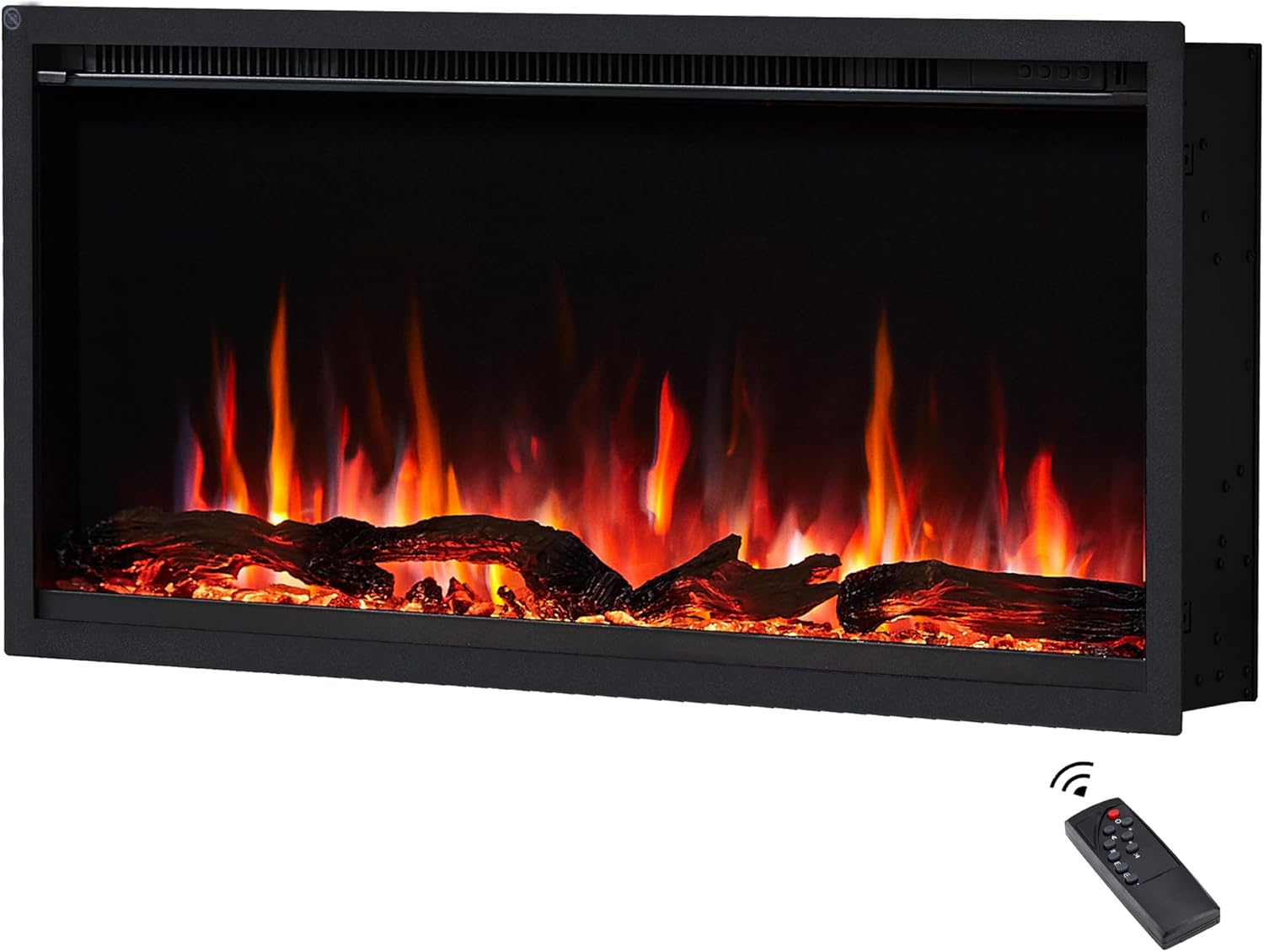 FlameKo Avena 91cm/36" Slim Frame Recessed Media Wall Inset Electric Fireplace with Multi Flame Colours, with Logs, Heater 750W & 1500W
